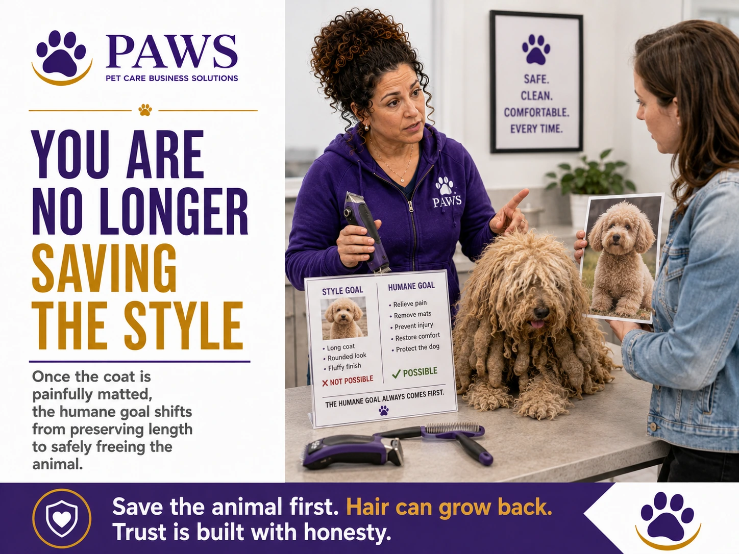 PAWS business graphic showing the PAWS Lady explaining to a pet owner that once a doodle coat is painfully matted, the humane goal shifts from preserving the style to safely freeing the dog.