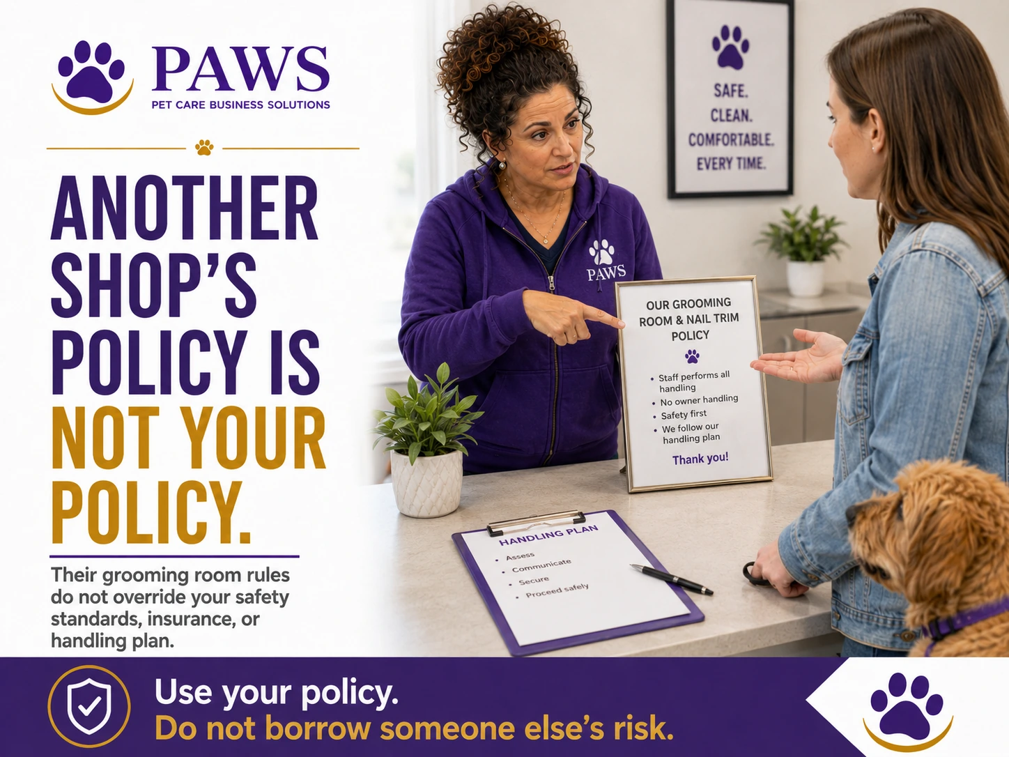 PAWS staff member pointing to a posted nail-trim and grooming-room policy while explaining business rules to a dog owner at the counter.