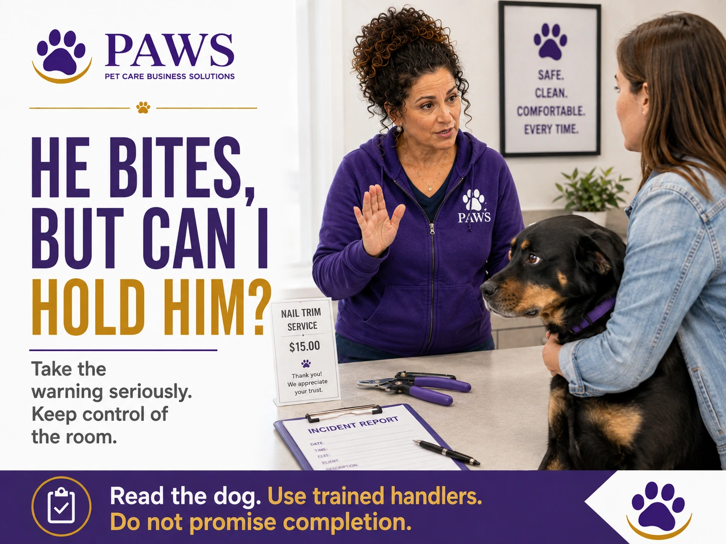 PAWS staff member speaking with an owner holding a nervous black-and-tan dog while discussing handling control before a nail trim.