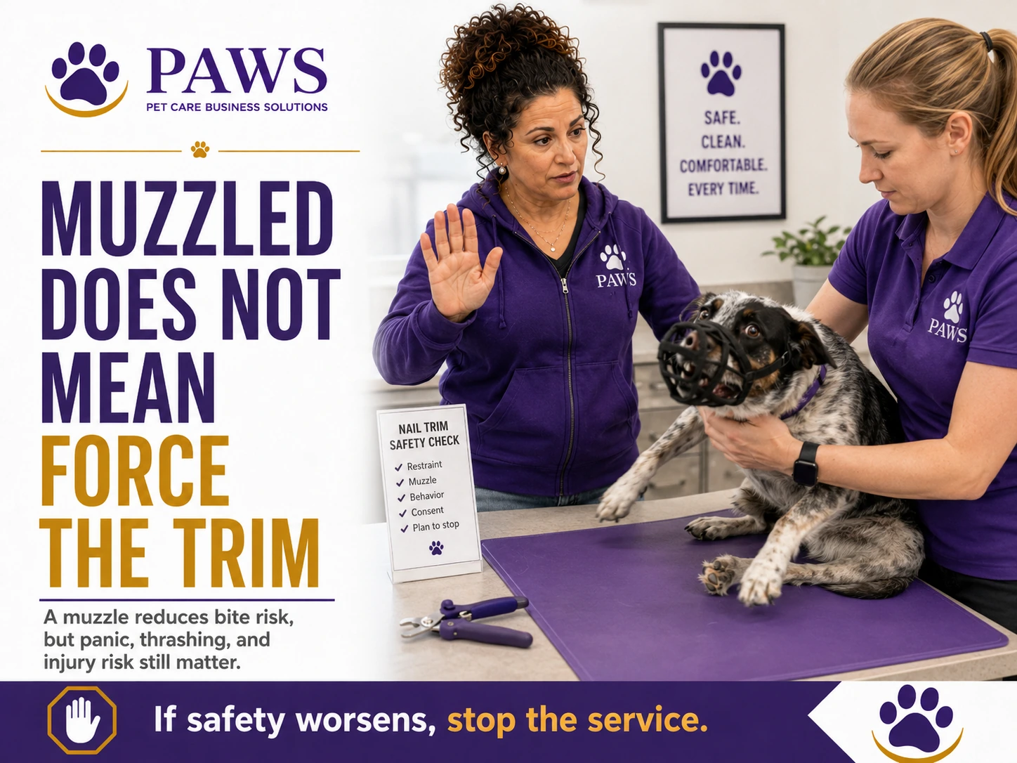 PAWS staff using a muzzle on a stressed dog during a nail trim while another staff member signals to stop if safety worsens.