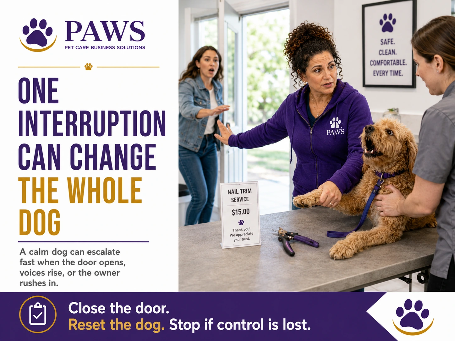 PAWS staff member blocking an anxious owner from interrupting a nail trim while a startled dog reacts on the grooming table.