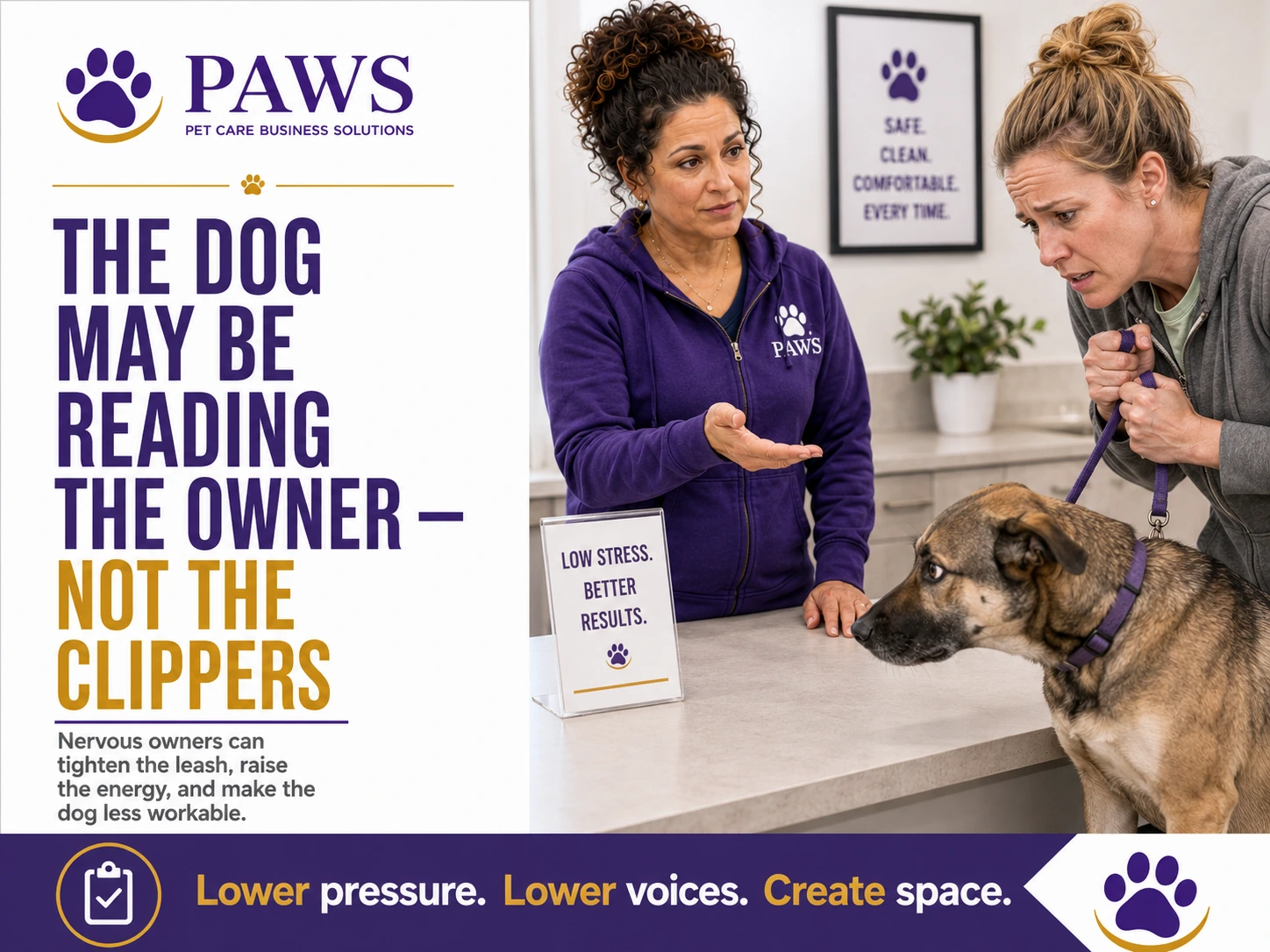 PAWS staff member gesturing calmly toward a tense owner gripping a leash while a worried dog stands at the counter during a nail-trim discussion.