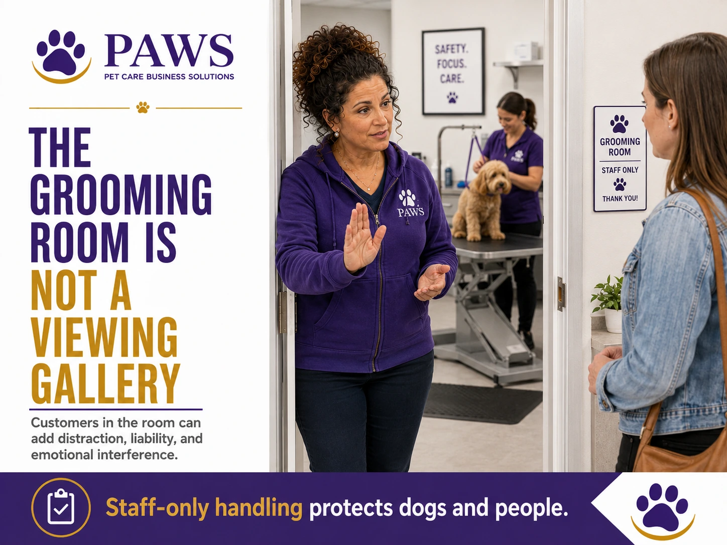 PAWS staff member stopping a customer at the grooming-room doorway while another employee handles a dog inside the staff-only work area.