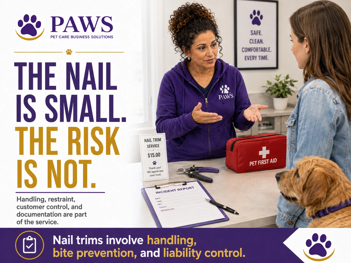PAWS staff member discussing nail-trim safety with a customer at the counter beside clippers, a first-aid kit, and an incident report form.