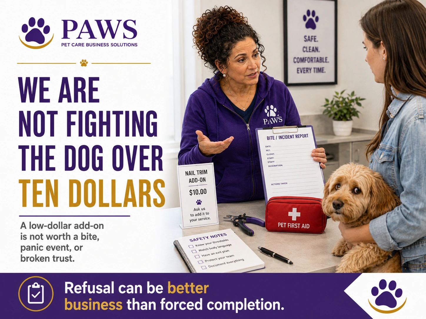 PAWS staff member explaining to a dog owner that a low-cost nail trim is not worth a bite risk, panic event, or safety incident.