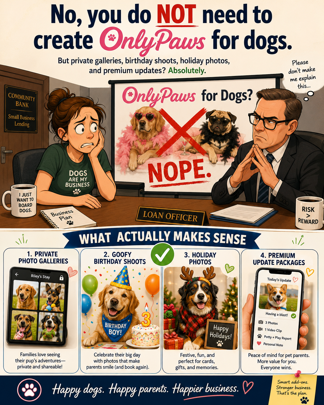 Funny OnlyPaws dog photo package graphic showing why private photo galleries, birthday shoots, holiday photos, and premium update packages make more sense than OnlyPaws for dogs