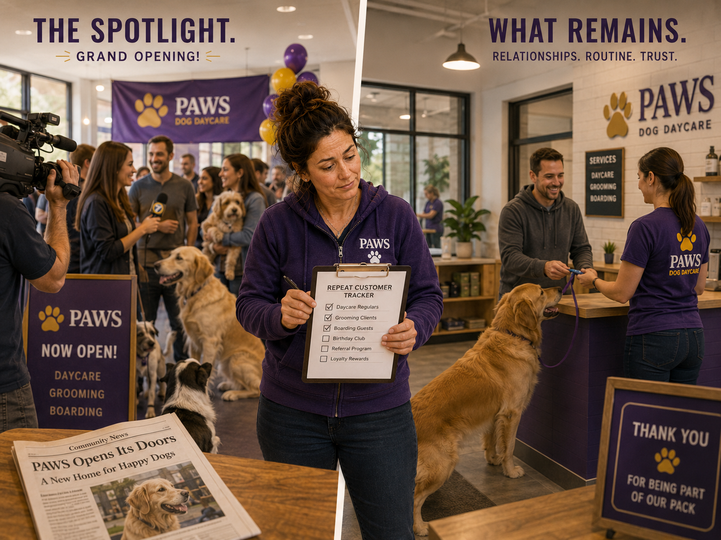 PAWS operator tracks repeat customers while a crowded media-driven grand opening transitions into steady everyday daycare, grooming, and boarding visits.