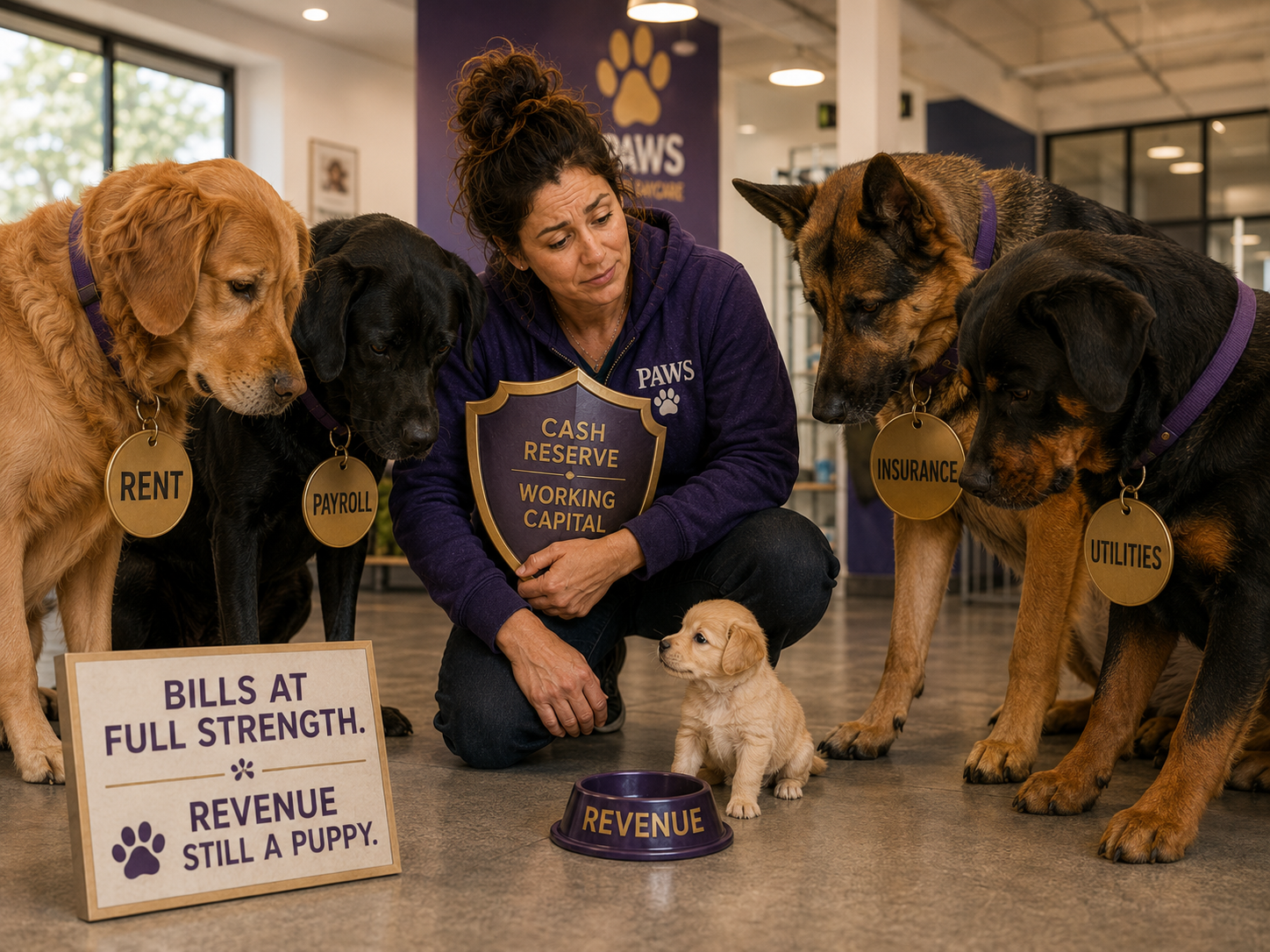 PAWS operator protects a puppy representing immature revenue from large adult dogs representing rent, payroll, insurance, and utility expenses.