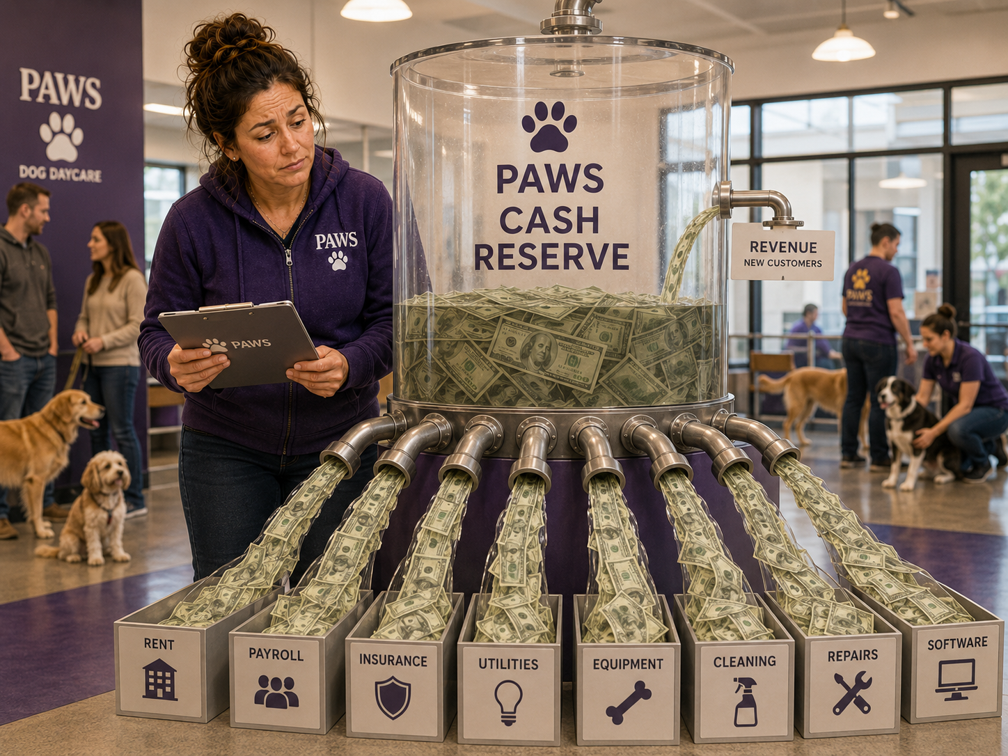 PAWS operator watches rent, payroll, insurance, utilities, equipment, cleaning, repairs, and software drain a new daycareโs cash reserve.