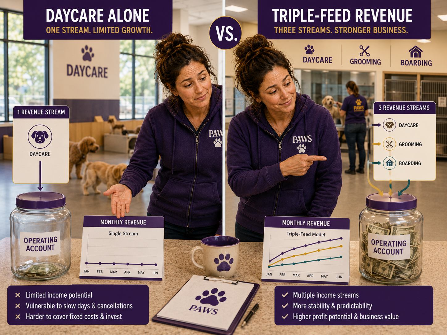 PAWS operator compares a weak daycare-only income stream with daycare, grooming, and boarding jointly supporting a stronger operating account.