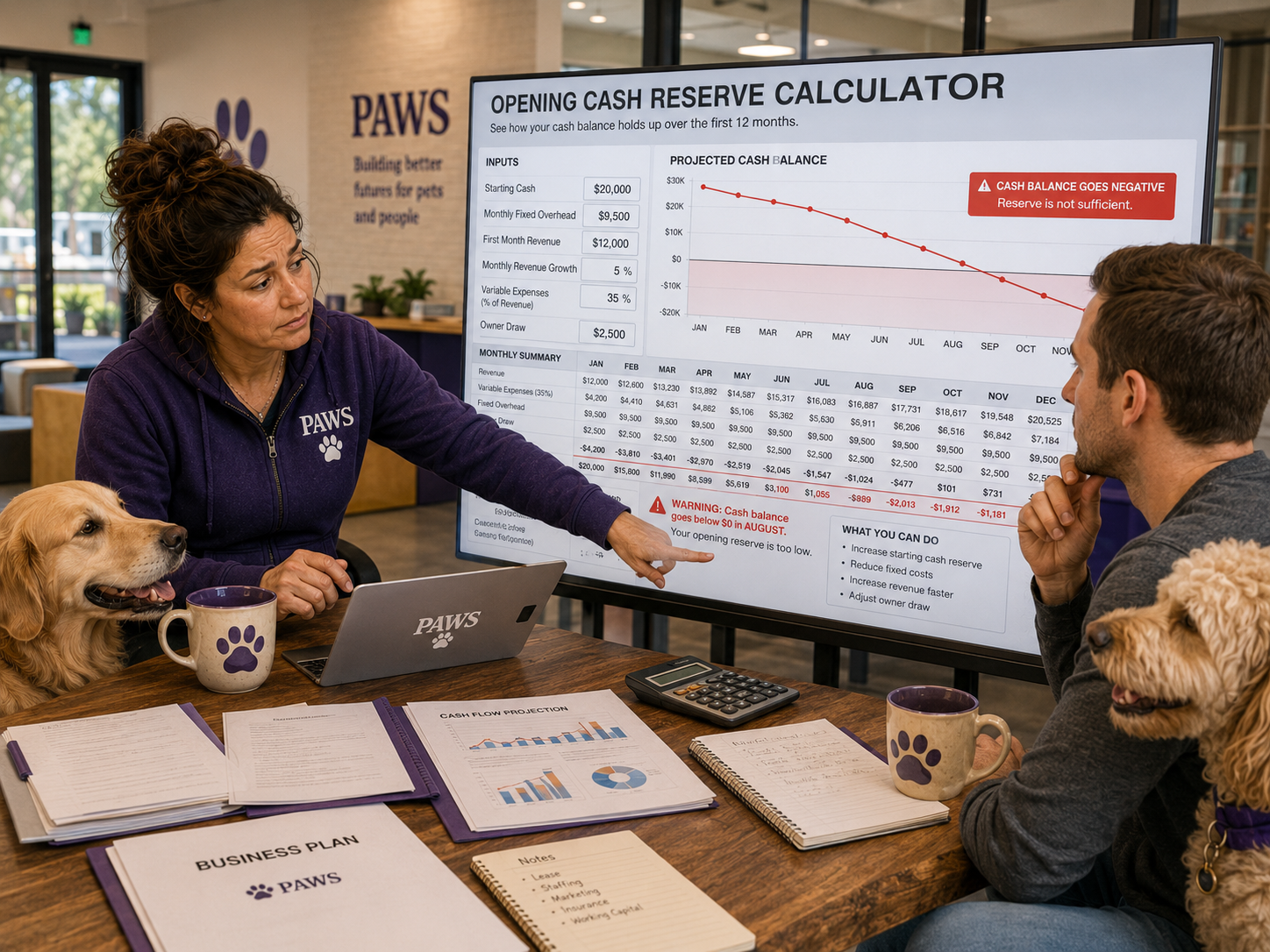 PAWS operator shows a prospective owner how fixed costs, variable expenses, slow growth, and owner draws can push opening cash below zero.