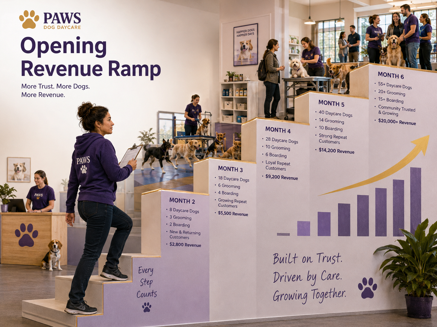 PAWS operator climbs a six-month revenue staircase as daycare attendance, grooming, boarding, repeat customers, and monthly income gradually increase.