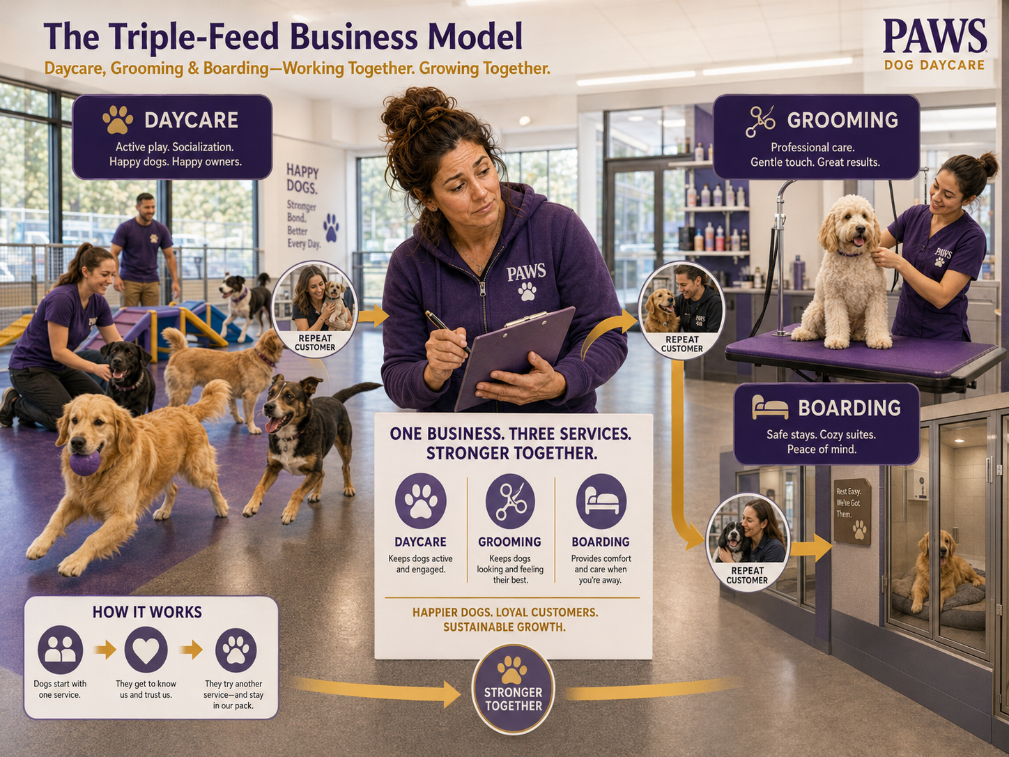 PAWS operator oversees connected daycare, grooming, and boarding services that turn single-service visitors into loyal repeat customers.