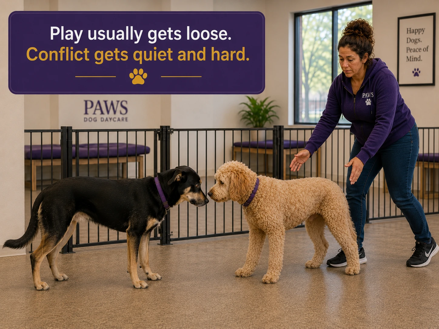 PAWS Lady steps toward a black dog and a curly-coated dog standing in a tense face-to-face standoff inside the daycare room.