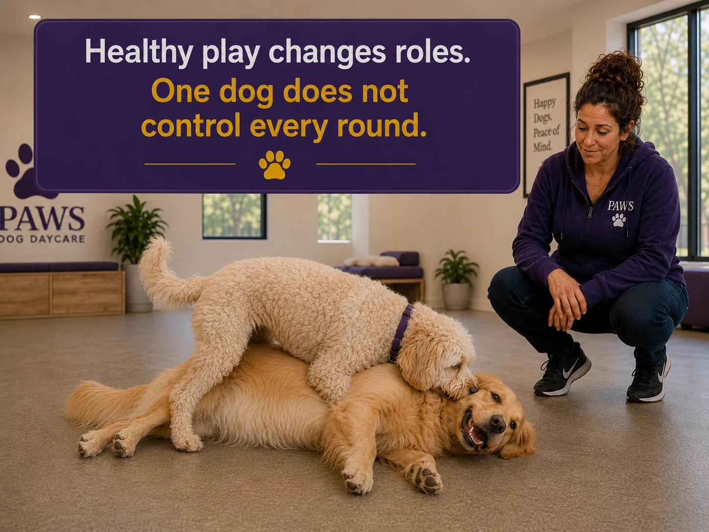 PAWS Lady watches a curly-coated dog and a golden retriever engage in loose role-changing play on the daycare floor.