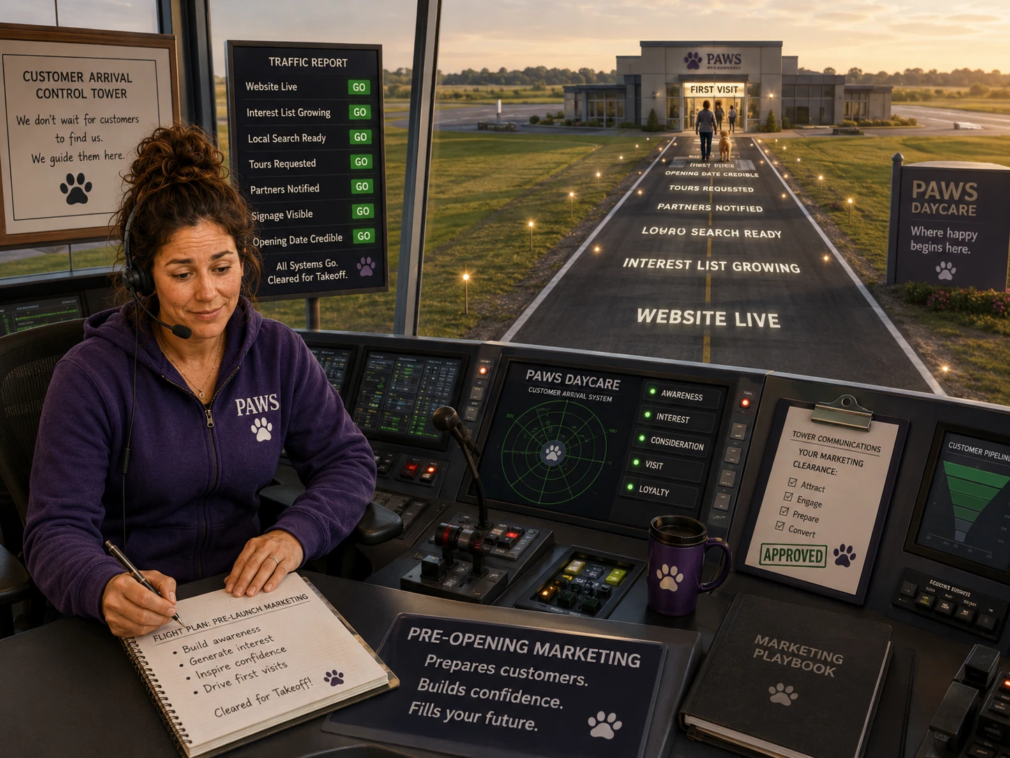 PAWS Lady works in a customer-arrival control tower overlooking a lit runway labeled with website, interest list, local search, tours, partners, signage, and opening-date milestones.