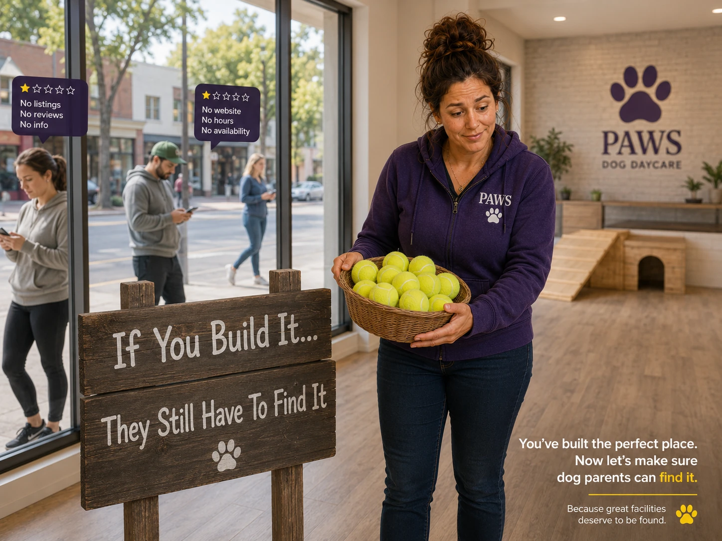 PAWS Lady holds a basket of tennis balls in a completed daycare beside a sign reading If You Build It They Still Have To Find It while dog owners walk past outside checking phones.