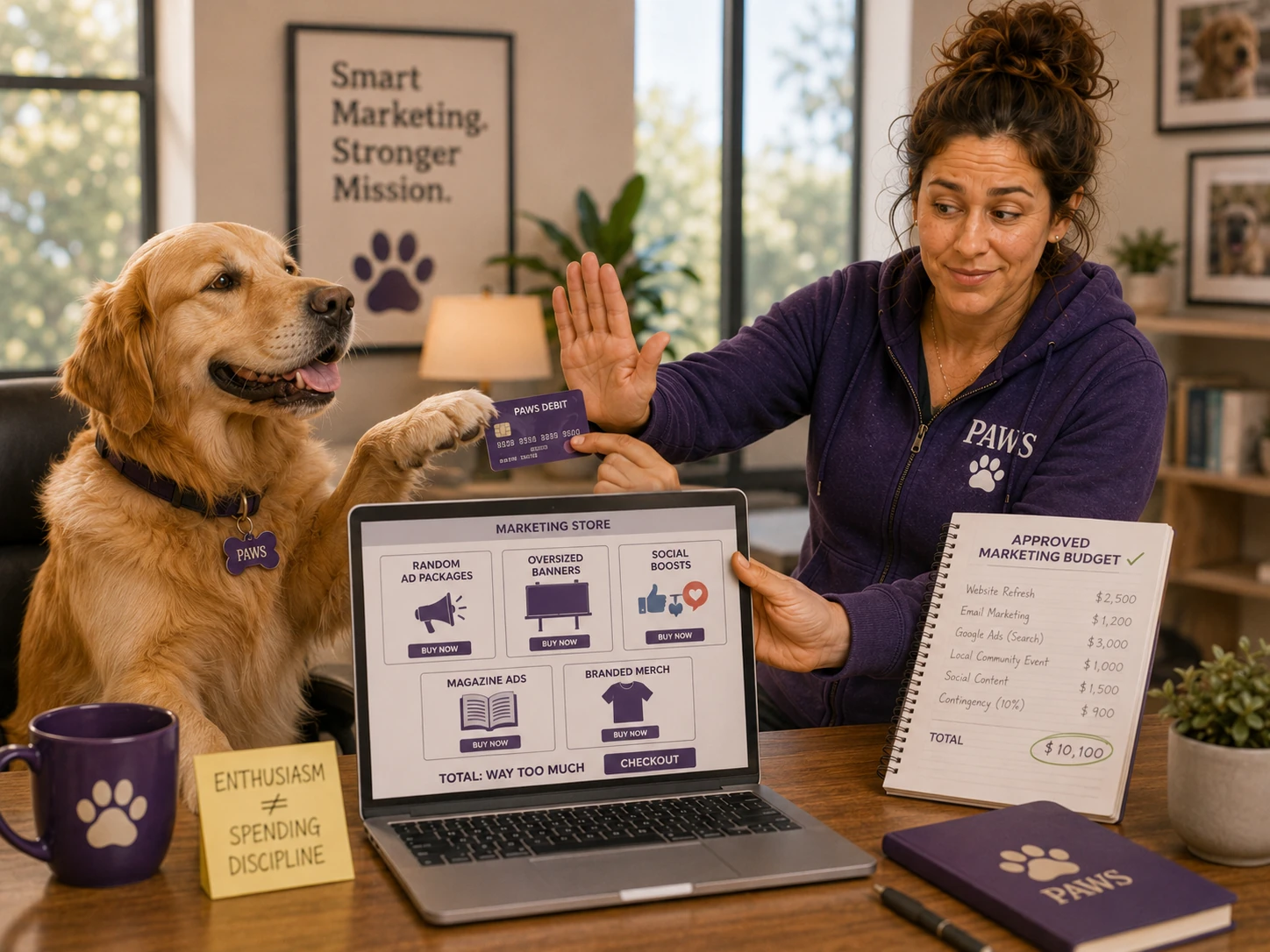 PAWS Lady stops a golden retriever from using a debit card to buy random advertising packages while holding an approved marketing budget.