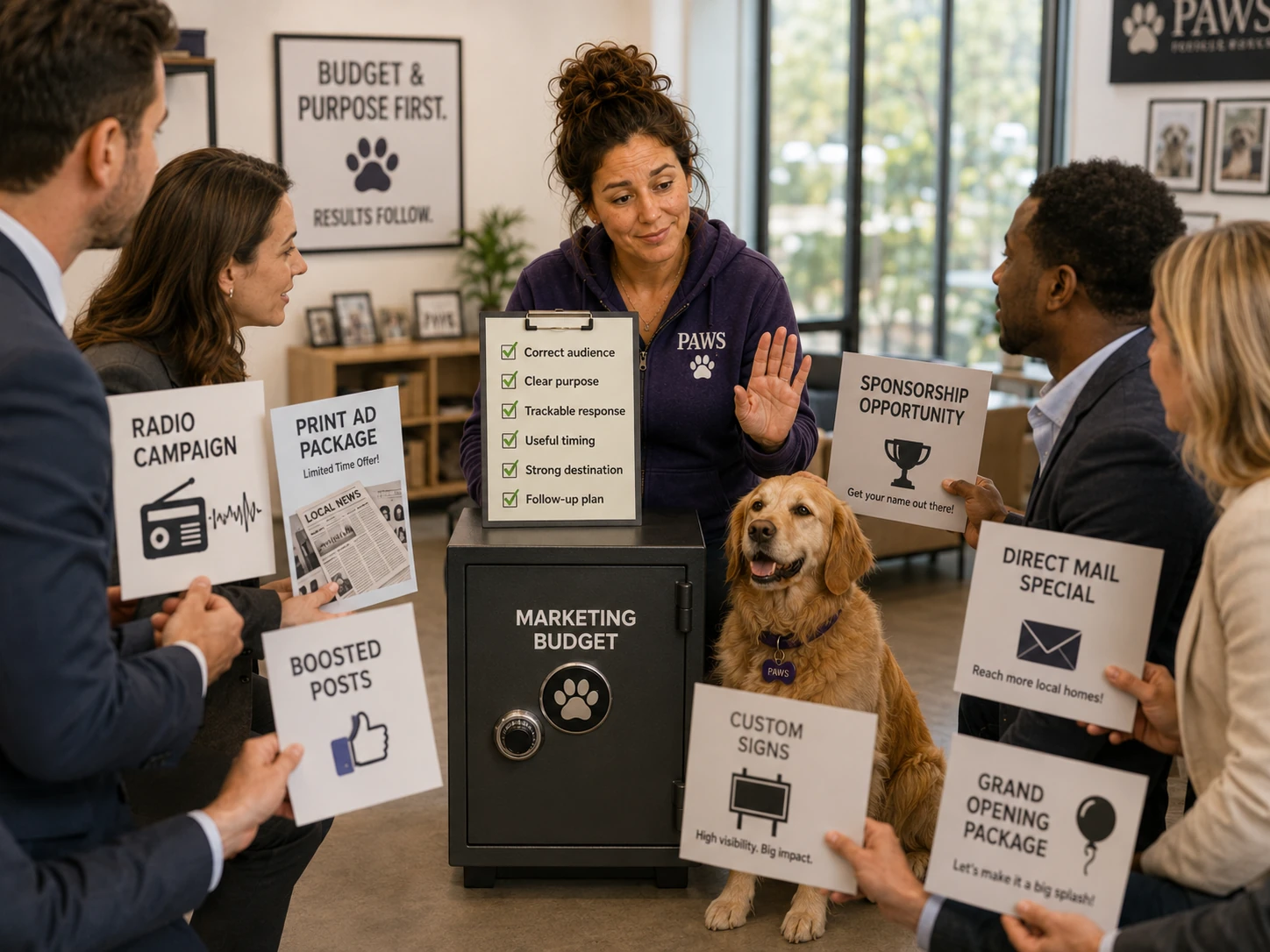 PAWS Lady and a golden retriever guard a marketing budget safe while advertising salespeople present radio, print, sponsorship, direct-mail, signage, boosted-post, and grand-opening offers.