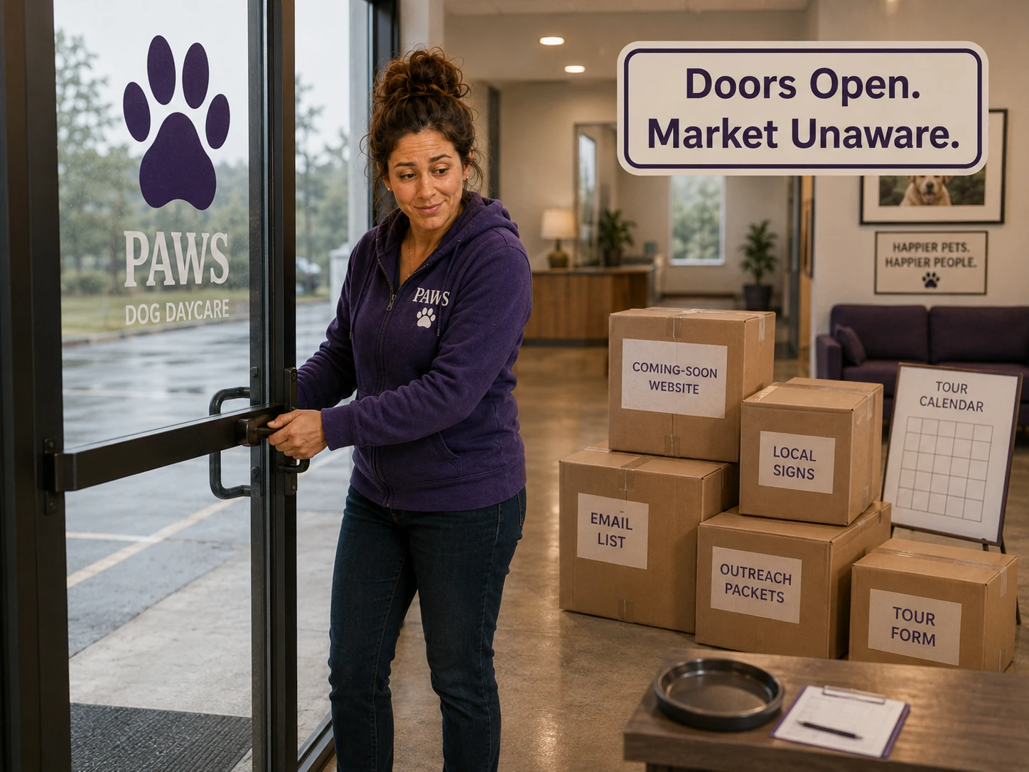 PAWS Lady opens an empty daycare on opening day beside unused marketing boxes and an empty tour calendar under a sign reading Doors Open Market Unaware.