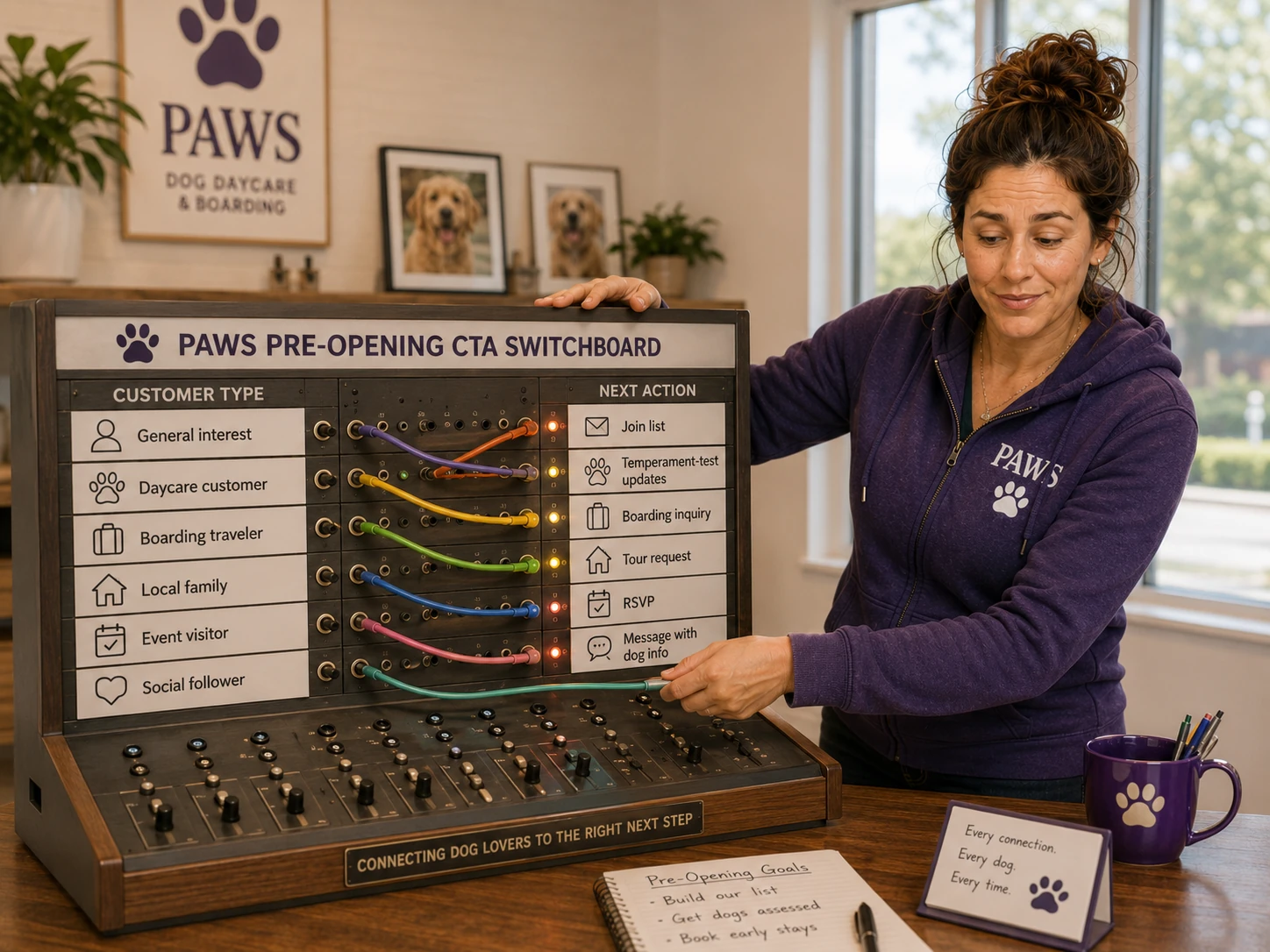 PAWS Lady operates a pre-opening call-to-action switchboard routing different customer types to a list signup, temperament-test updates, boarding inquiry, tour request, RSVP, or message form.