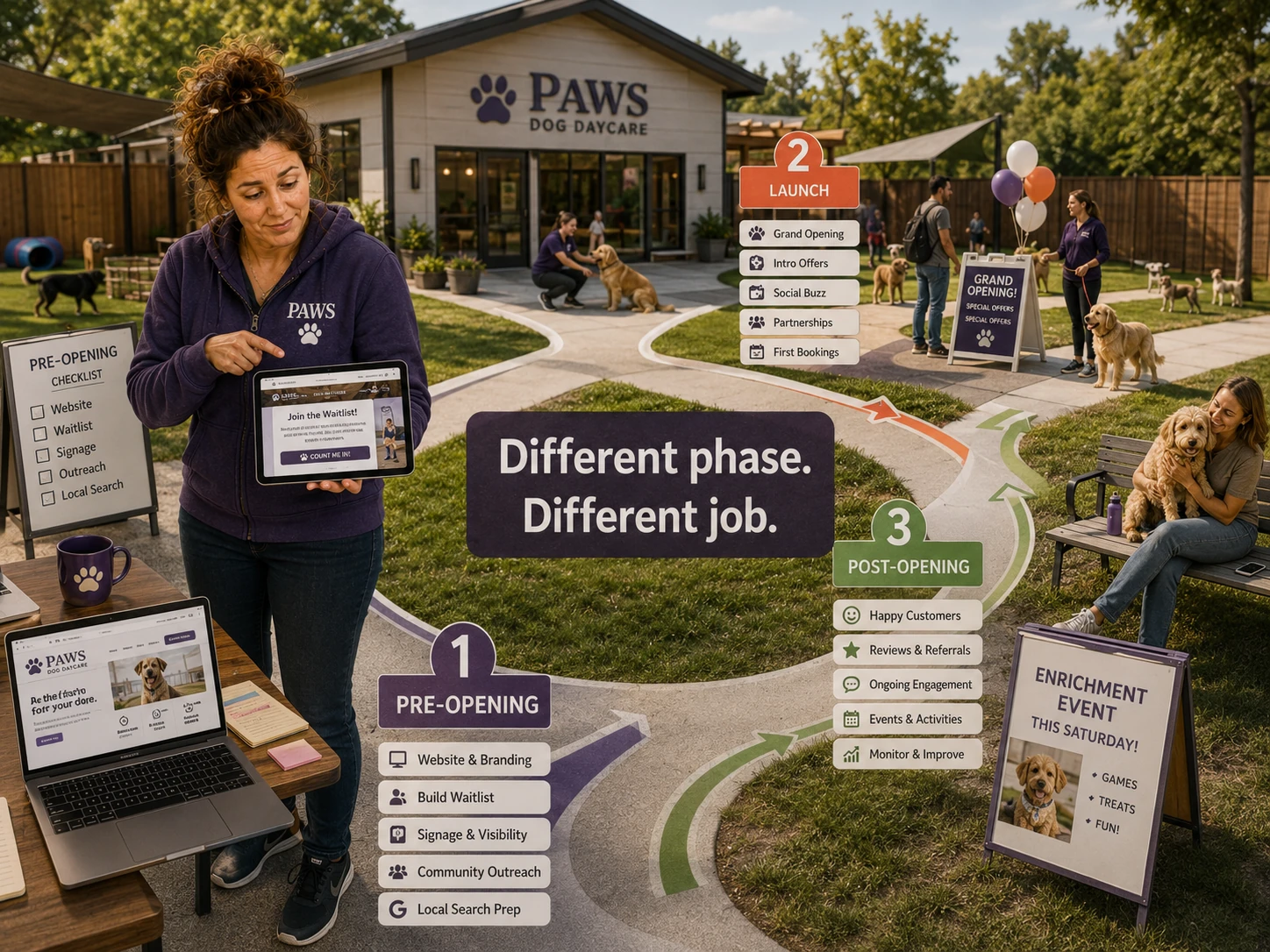 PAWS Lady presents a three-stage marketing path for pre-opening, launch, and post-opening activity around a dog daycare.