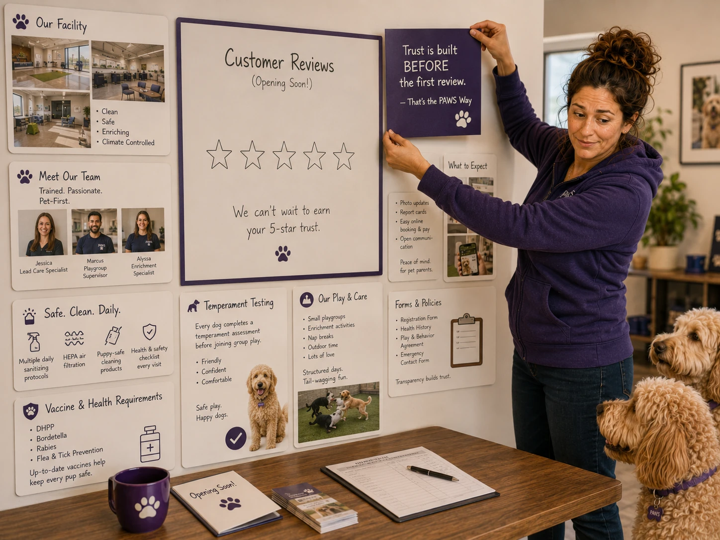PAWS Lady adds a trust-before-reviews sign to a wall showing facility photos, staff, safety, vaccines, temperament testing, cleaning, forms, policies, and customer expectations.
