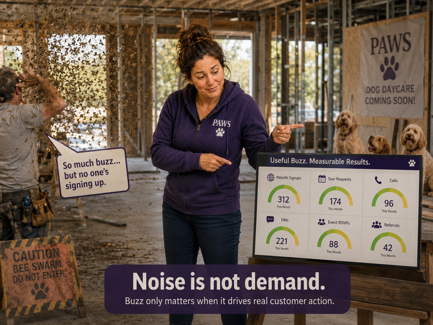 PAWS Lady compares a chaotic bee swarm inside a daycare construction site with a dashboard measuring website signups, tour requests, calls, messages, event RSVPs, and referrals.