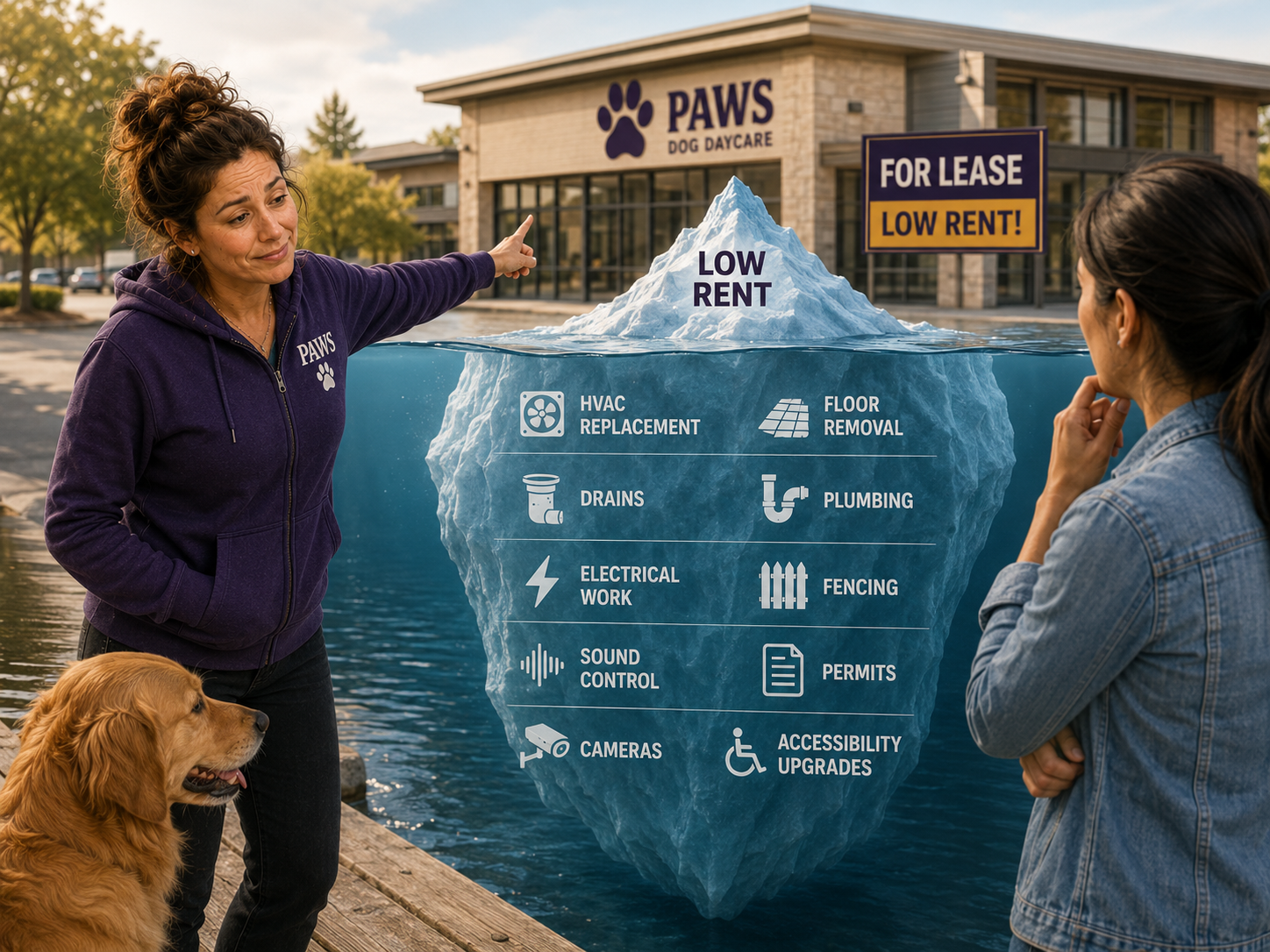 PAWS operator reveals hidden dog daycare conversion costs beneath low rent, including HVAC, flooring, plumbing, drainage, fencing, permits, and electrical work.
