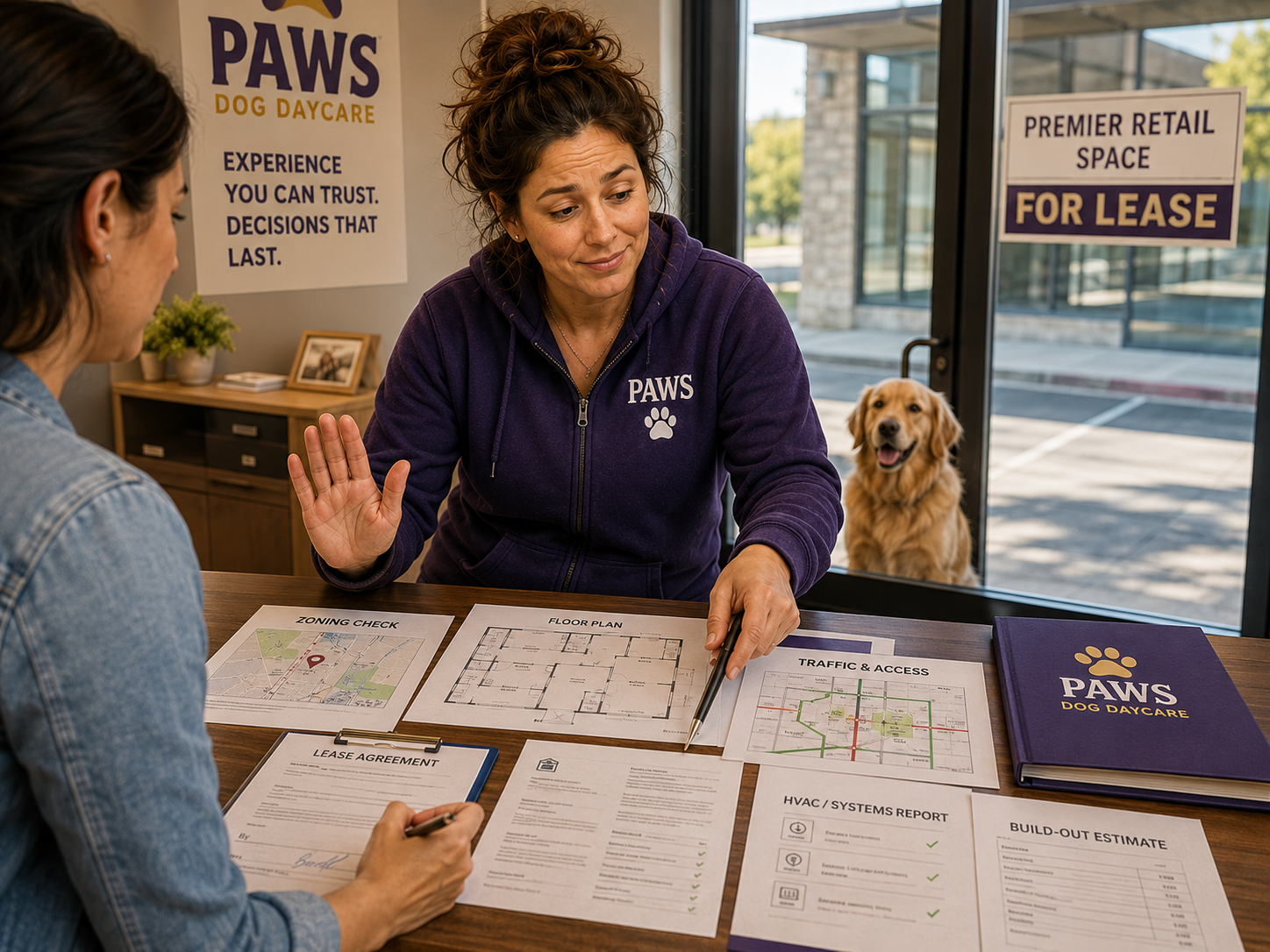 PAWS operator stops a founder from signing while reviewing zoning, floor plans, traffic, HVAC, lease terms, and dog daycare build-out costs.