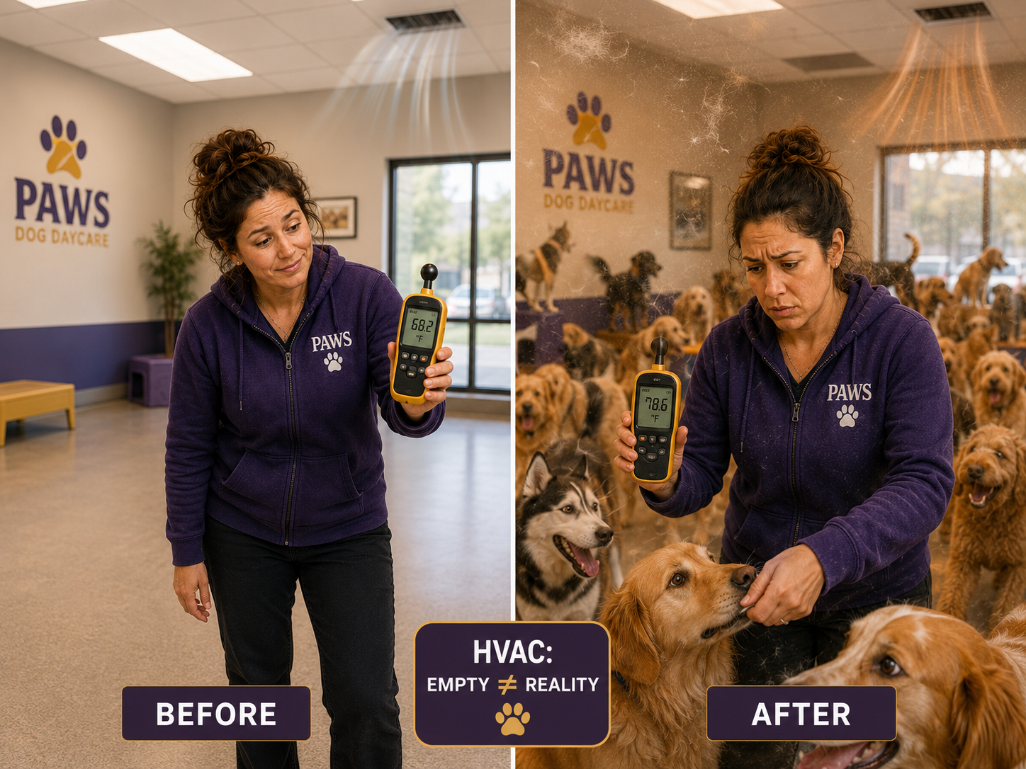 PAWS operator compares a comfortable empty daycare room with the same space becoming hot and overloaded after many dogs arrive.