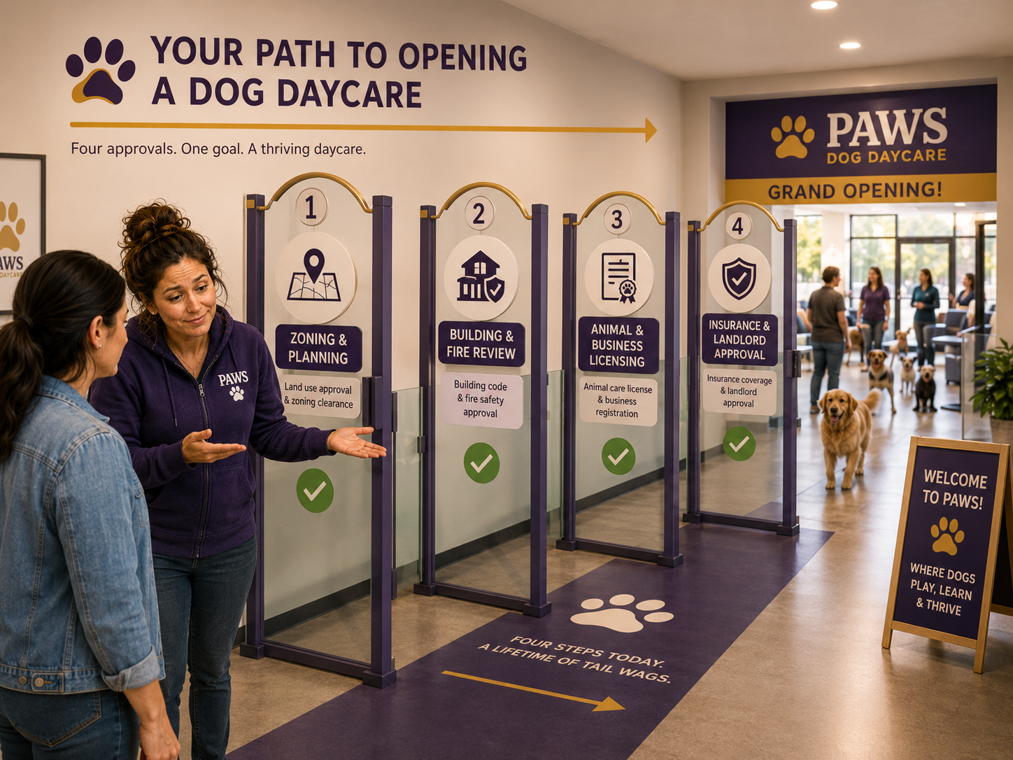 PAWS operator explains four approval stages covering zoning, building and fire review, licensing, insurance, and landlord authorization before opening.