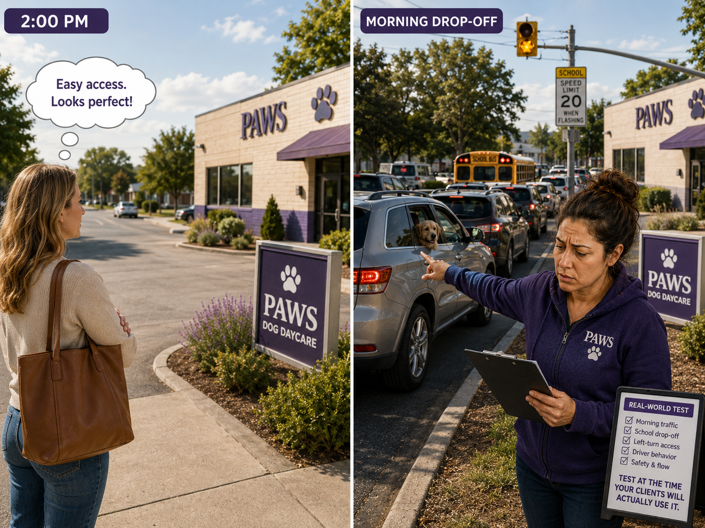 The same daycare location appears easy at 2 p.m. but becomes congested during morning drop-off near traffic and a school zone.
