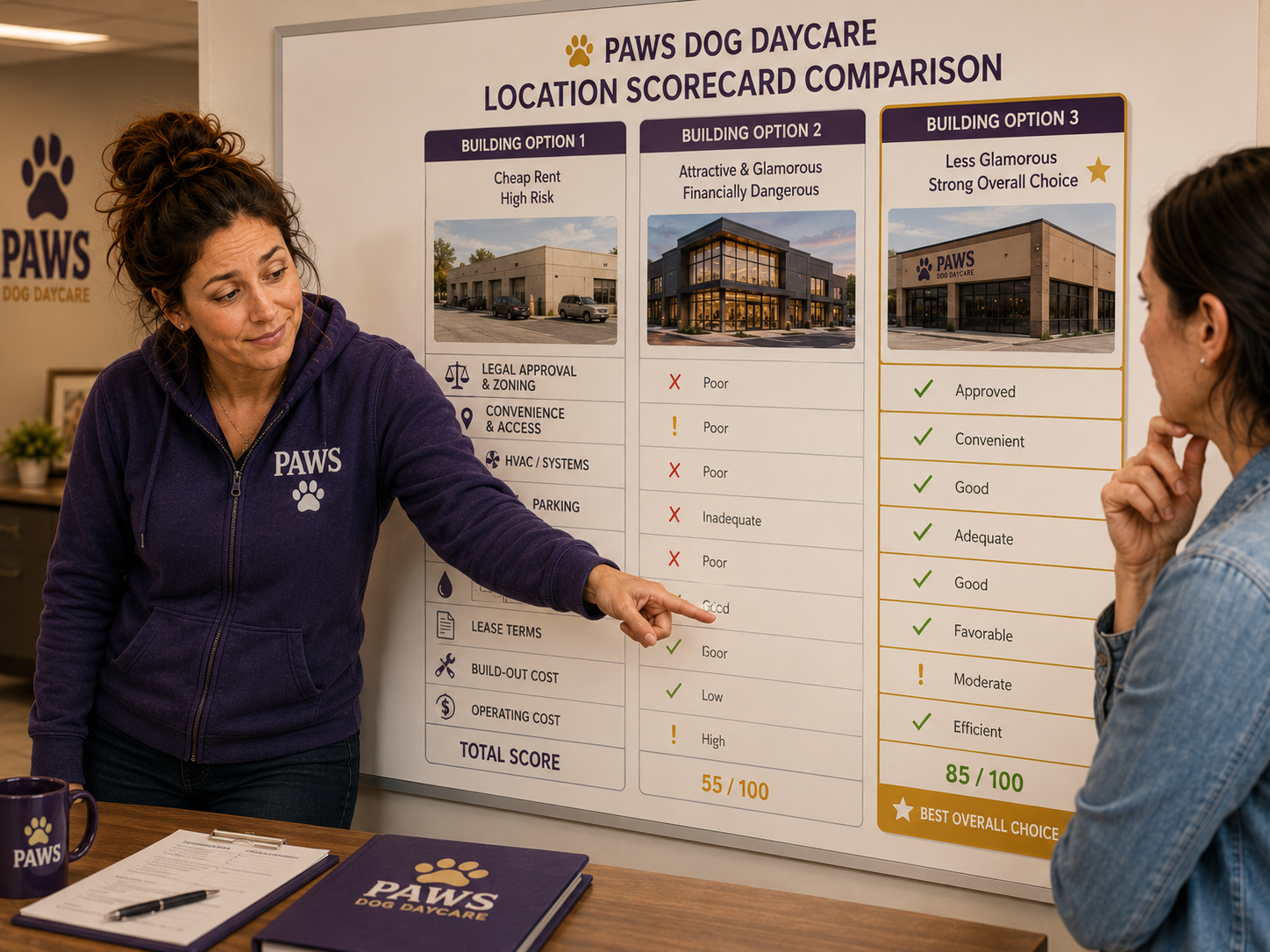 PAWS operator compares three buildings and selects the less glamorous property with stronger zoning, access, systems, lease terms, and operating economics.