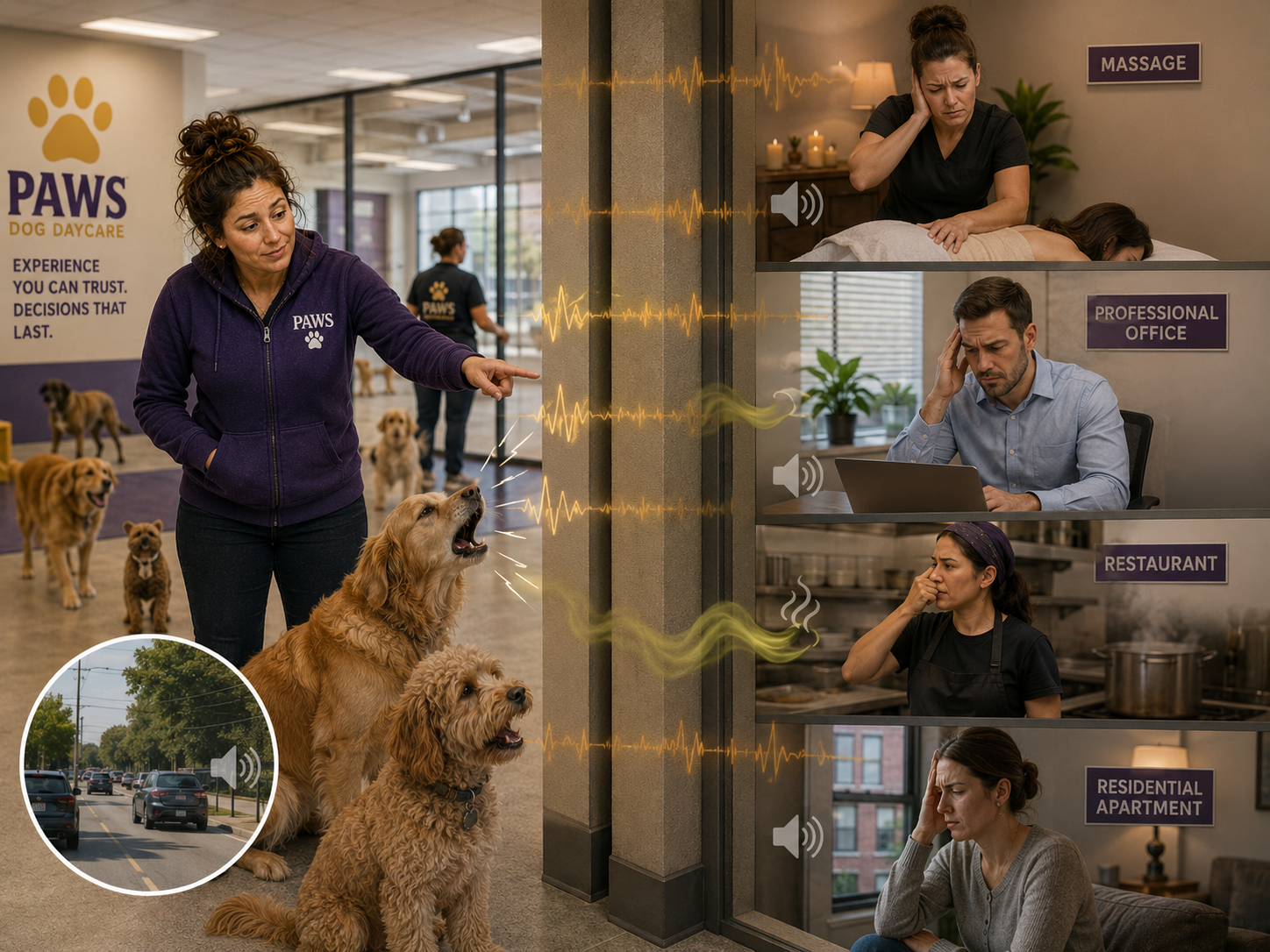 PAWS operator evaluates barking, traffic, and odor affecting neighboring massage, office, restaurant, and residential spaces beside a proposed daycare.