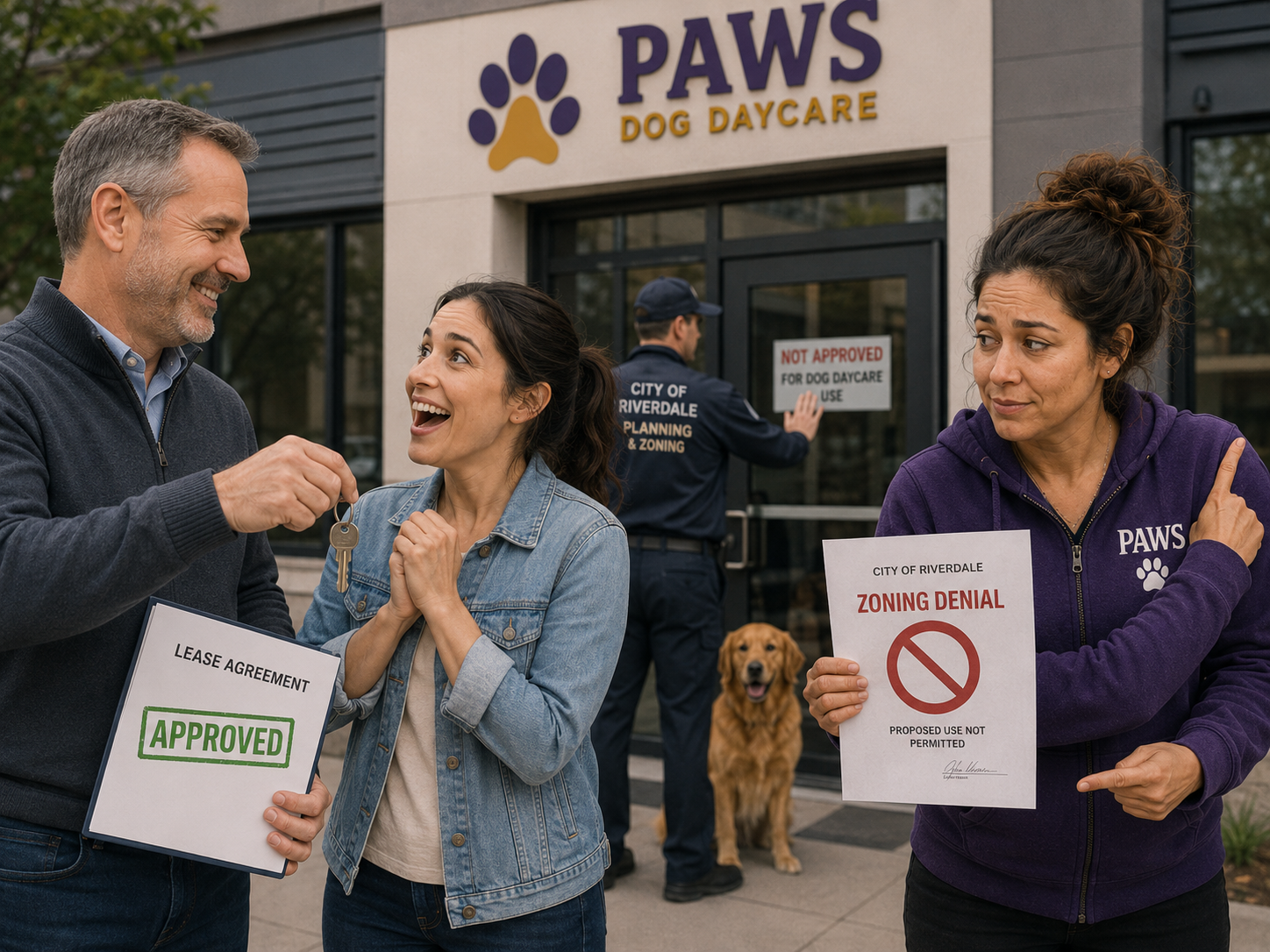 A landlord hands over a key while the PAWS operator reveals that city zoning does not permit dog daycare use at the building.