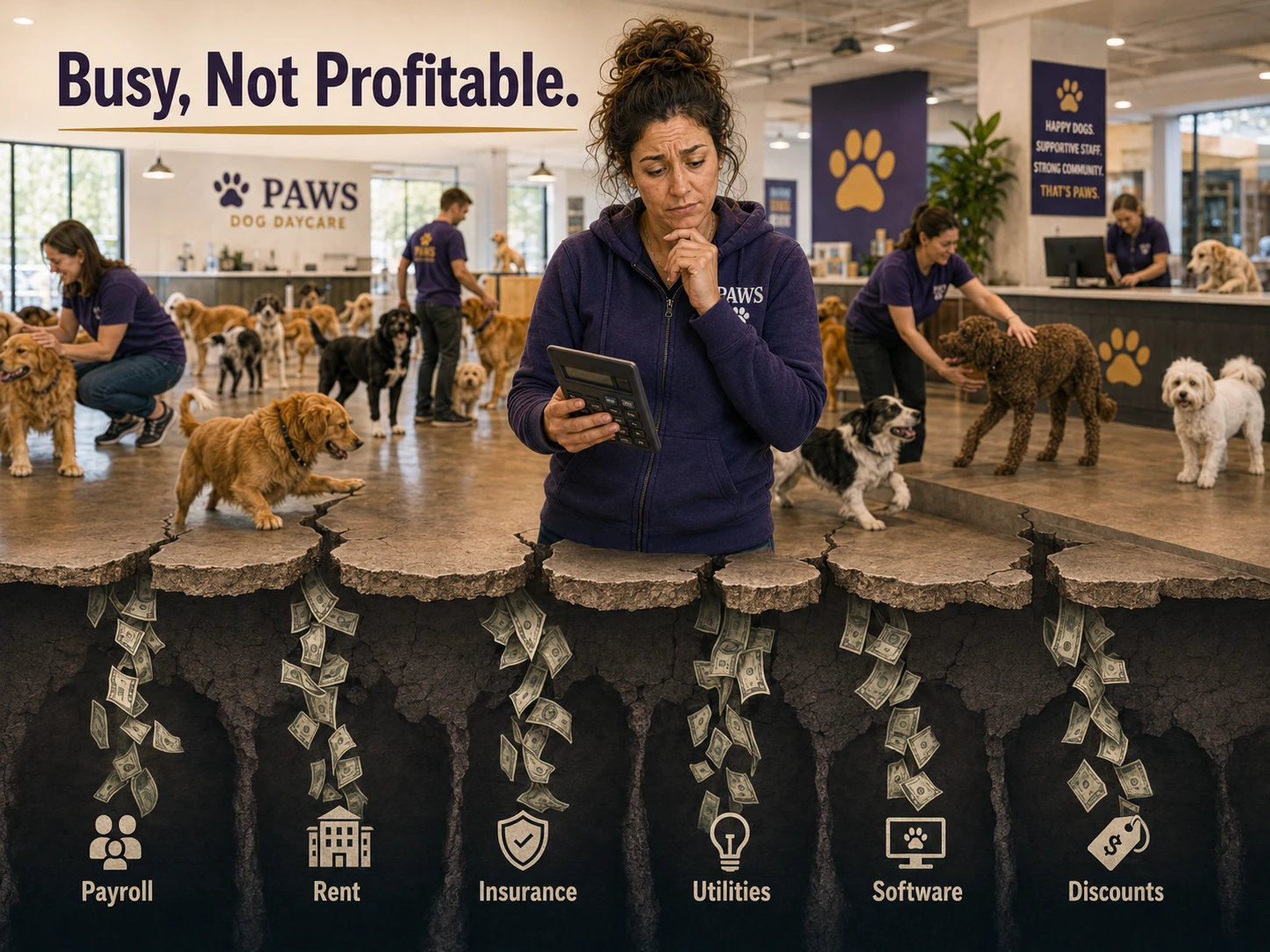 Busy dog daycare loses money through payroll, rent, insurance, utilities, software, and discounts while the PAWS consultant reviews the numbers.