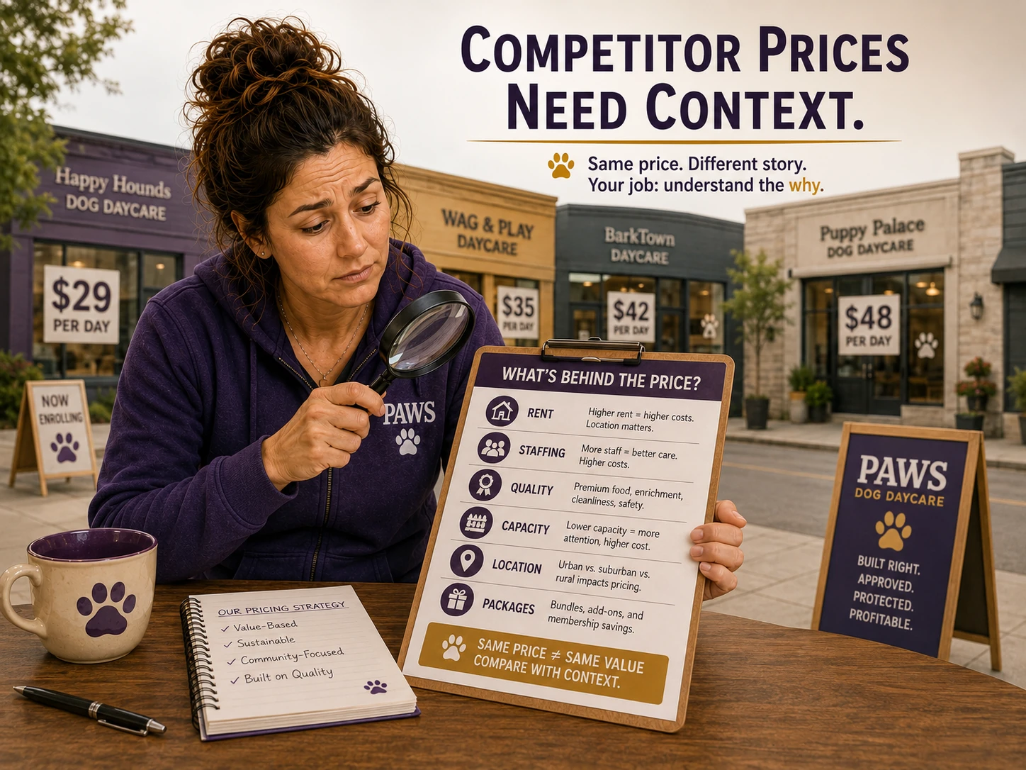 PAWS consultant investigates competitor dog daycare prices and compares the rent, staffing, quality, capacity, location, and packages behind each rate.