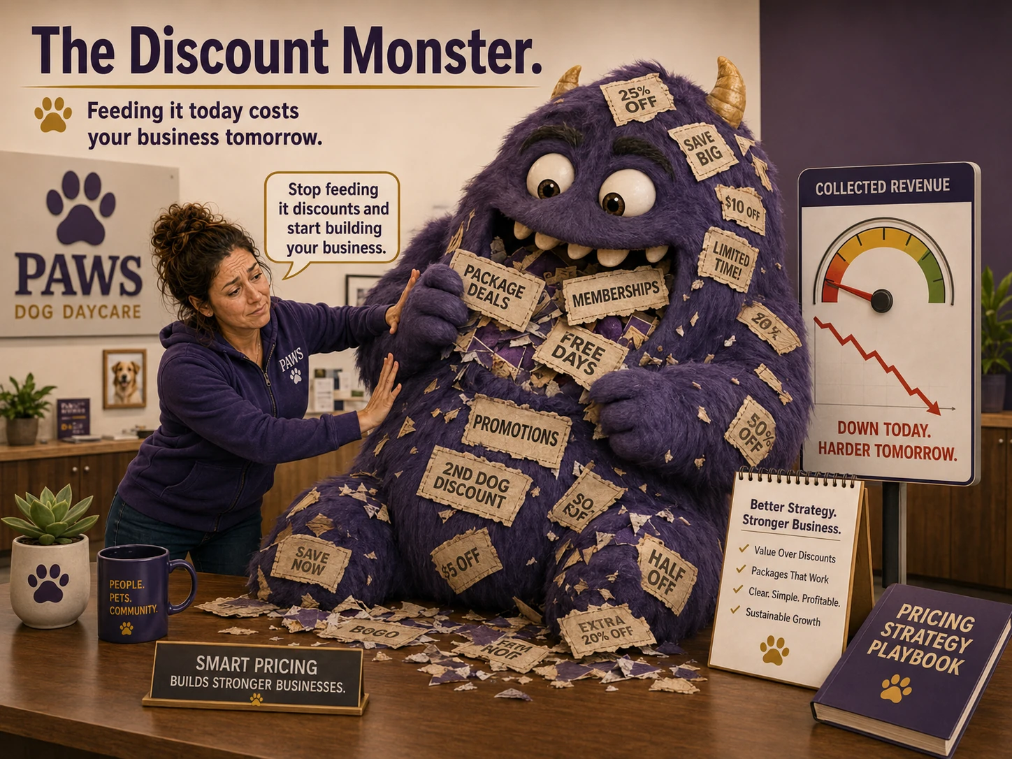 PAWS consultant stops a purple discount monster covered in daycare coupons as excessive promotions drive collected revenue downward.