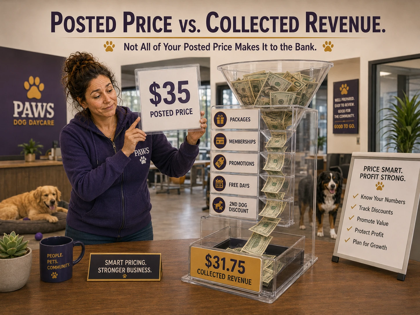 PAWS consultant compares a $35 posted dog daycare price with $31.75 in collected revenue after packages, memberships, promotions, free days, and second-dog discounts.