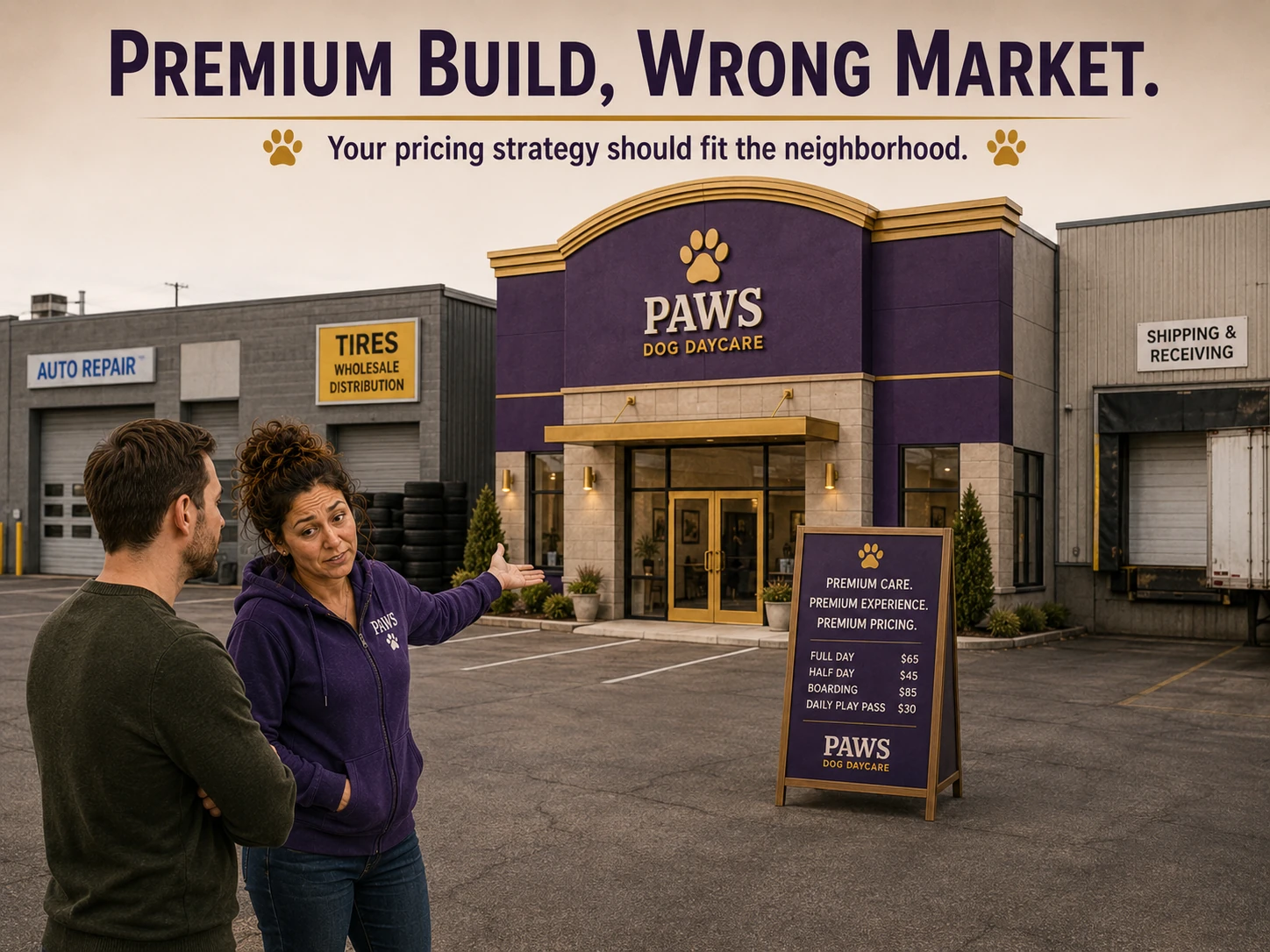 PAWS consultant explains why a premium-priced dog daycare may fail when an expensive facility is built in a market that does not support the rates.