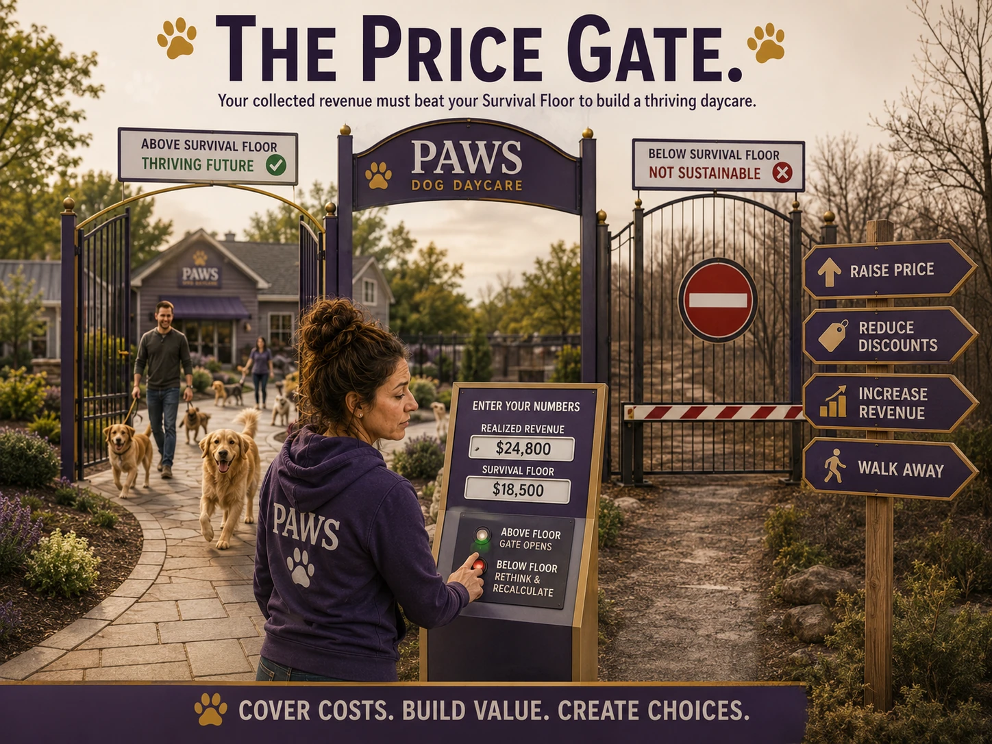 PAWS consultant compares realized revenue with the dog daycare survival floor at a gate leading either to a thriving business or an unsustainable operation.