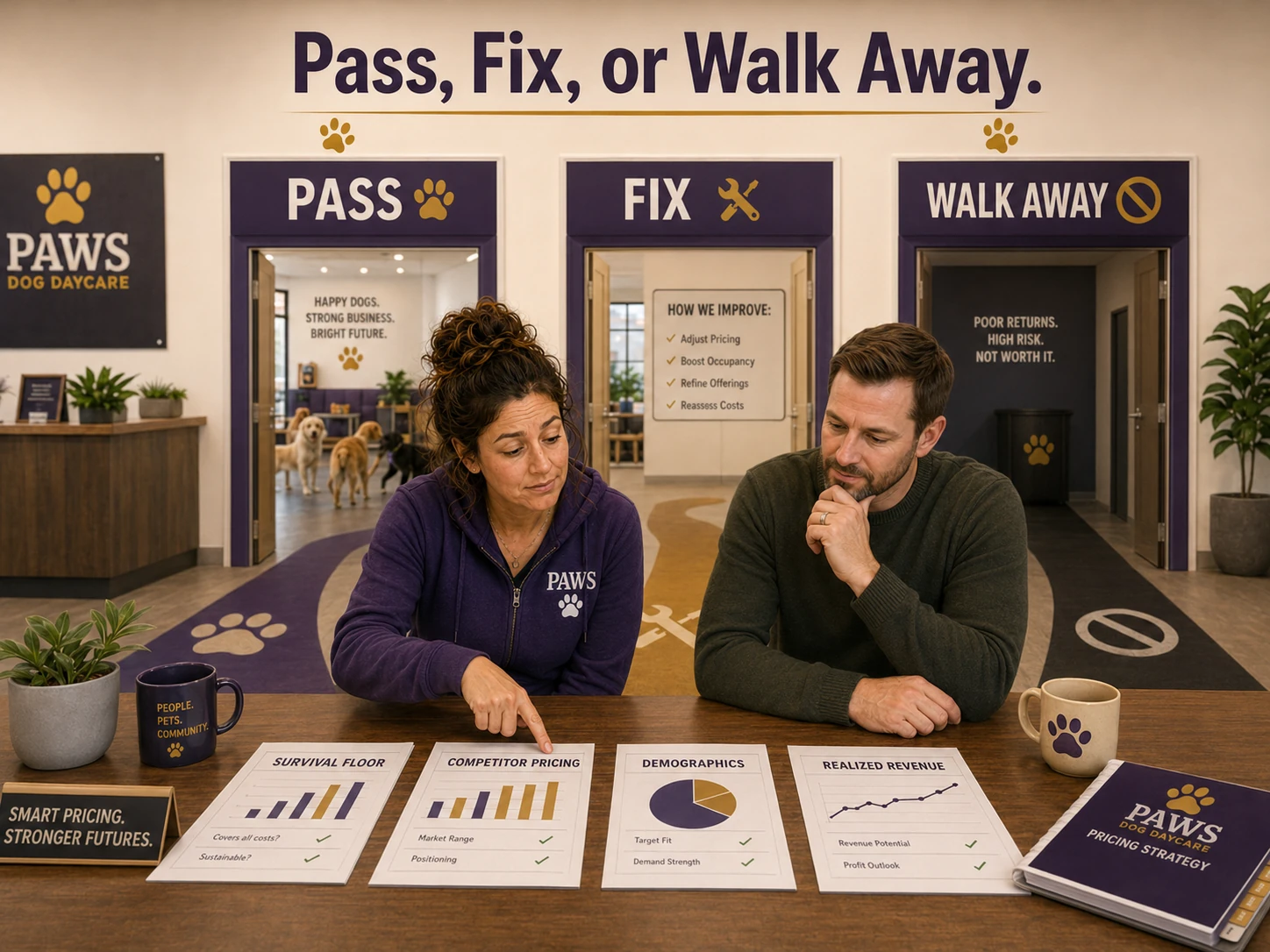 PAWS consultant and dog daycare founder review pricing and market reports before choosing to pass, fix, or walk away from the business plan.