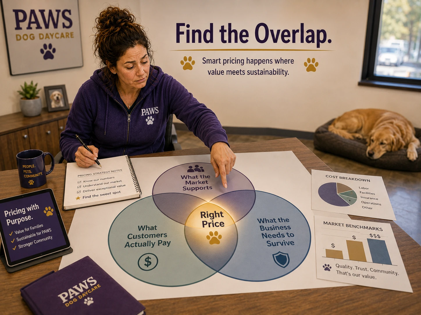PAWS consultant identifies the right dog daycare price where customer willingness to pay, market support, and business survival needs overlap.
