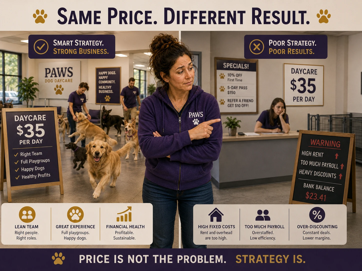 Split comparison of two dog daycares charging $35 per day, with one profitable through smart operations and the other losing money through high costs, overstaffing, and discounts.