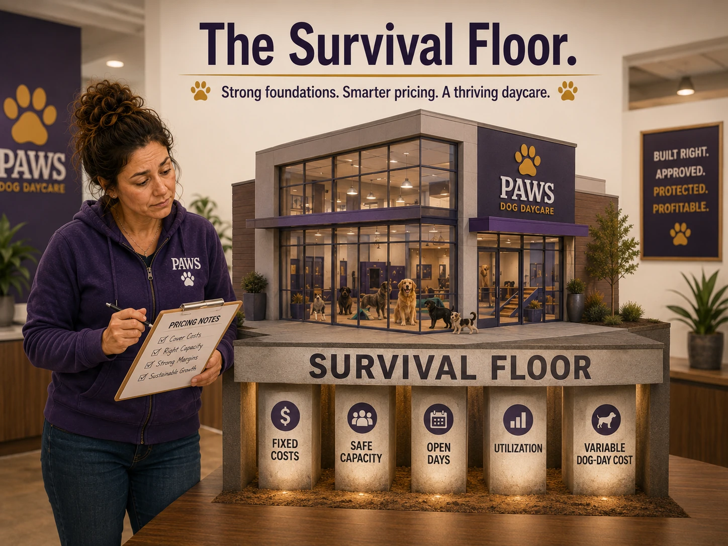 PAWS consultant reviews a dog daycare survival-floor model supported by fixed costs, safe capacity, open days, utilization, and variable dog-day costs.