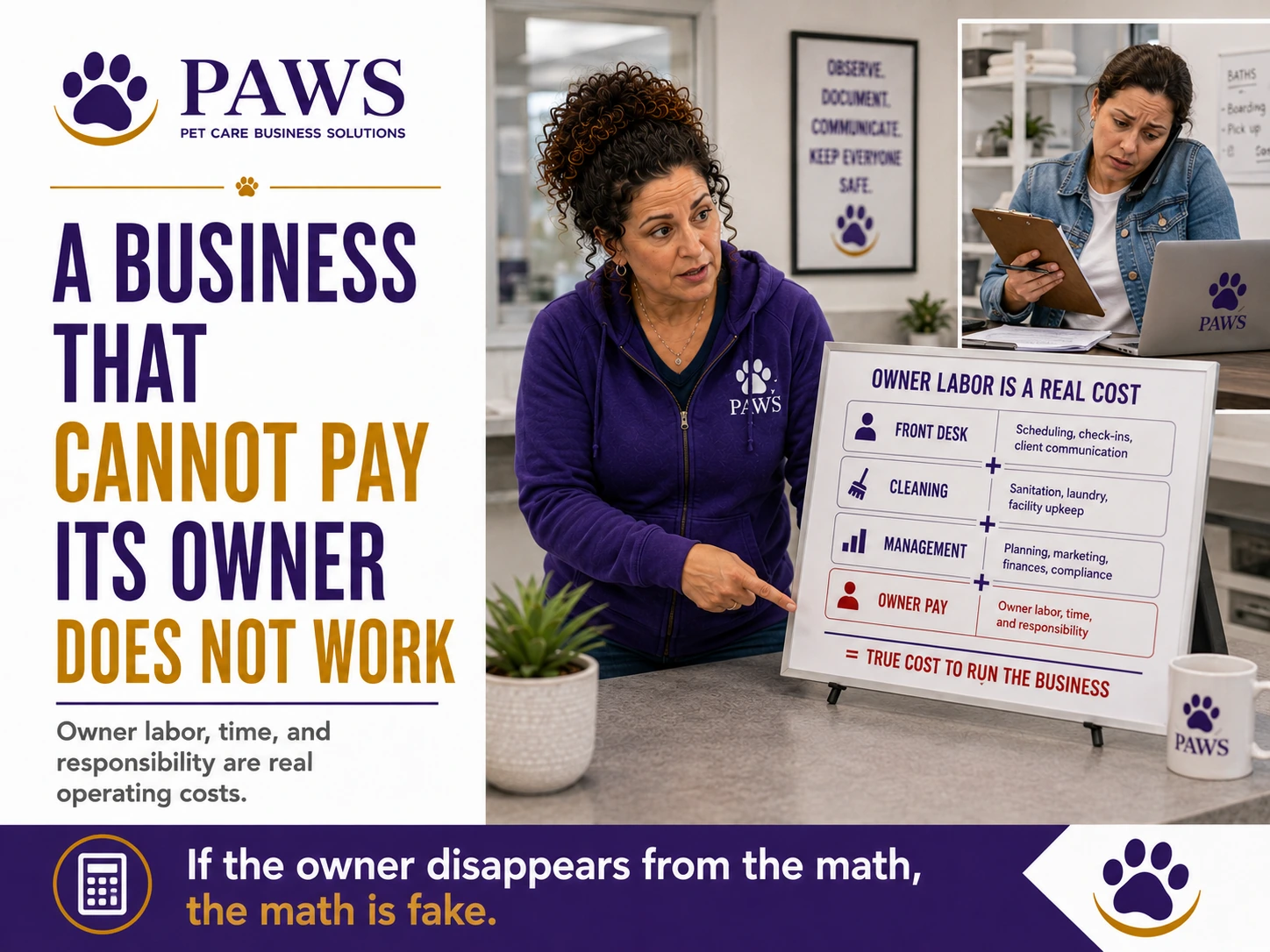 PAWS business poster showing the PAWS Lady explaining that owner labor is a real cost in front desk work, cleaning, management, and overall business operations.