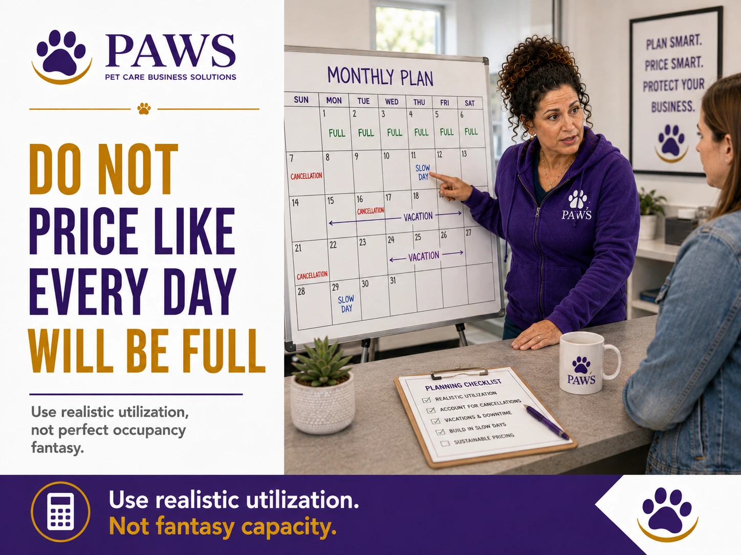 PAWS business poster showing the PAWS Lady pointing to a monthly calendar with full days, cancellations, vacations, and slow days to illustrate realistic utilization.