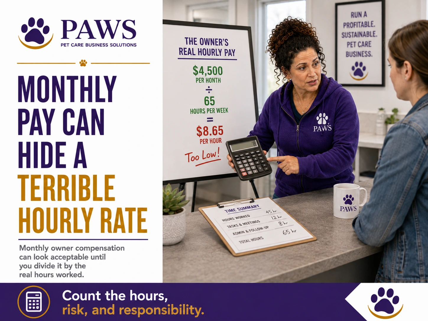 PAWS business poster showing the PAWS Lady using a calculator to explain how monthly owner pay can shrink into a very low hourly rate when real hours are counted.
