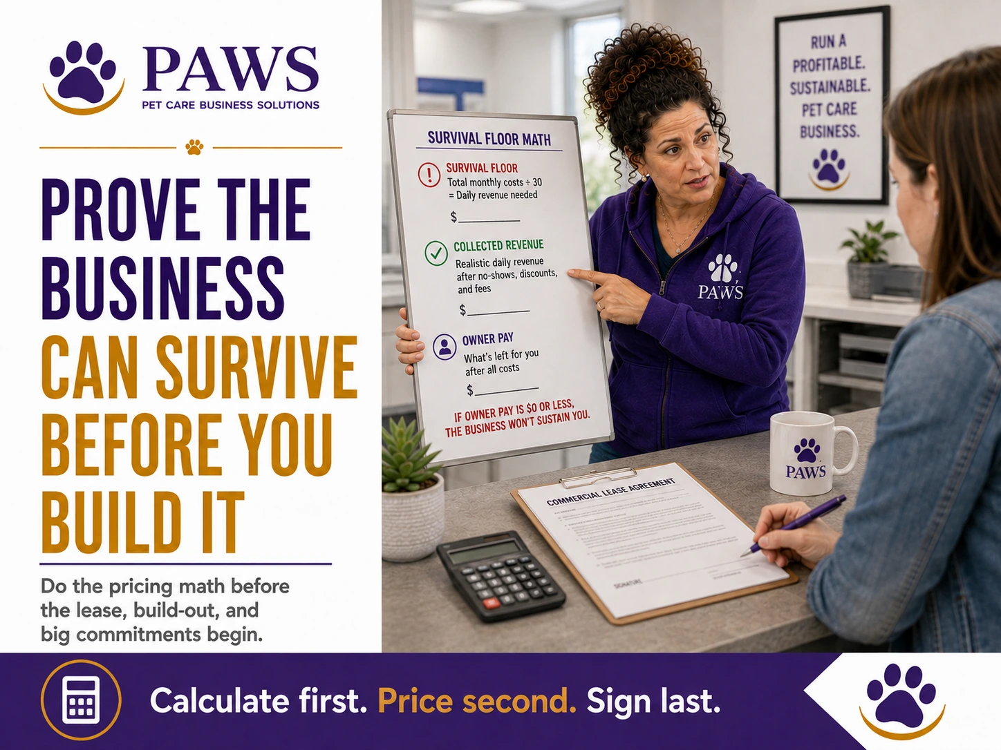PAWS business poster showing the PAWS Lady presenting survival-floor math before signing a lease or making major startup commitments.